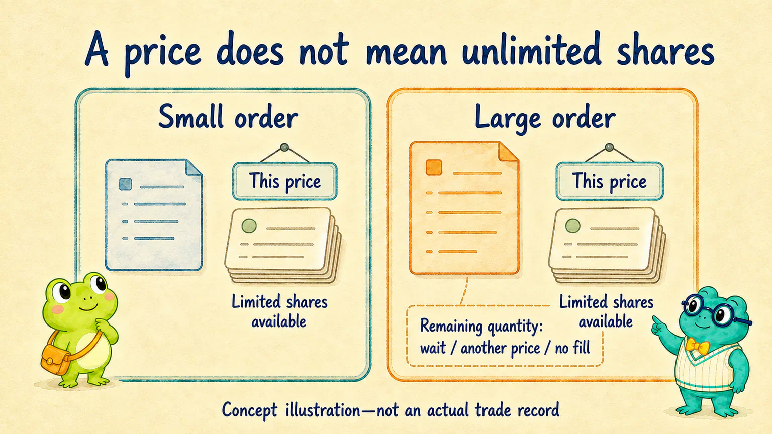 Two separate hypothetical scenarios compare a small order with a large order. Shares available at a given price are limited. The remainder of the large order might wait, trade at another price, or remain unfilled.