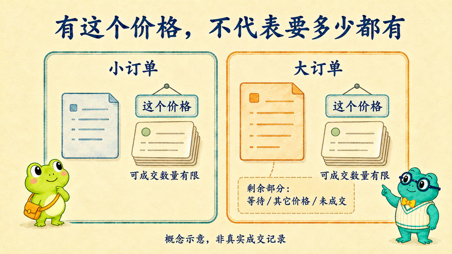 小订单和大订单的两个独立假设场景：同一价格的可成交数量有限，大订单剩余部分可能等待、以其它价格成交或未成交。