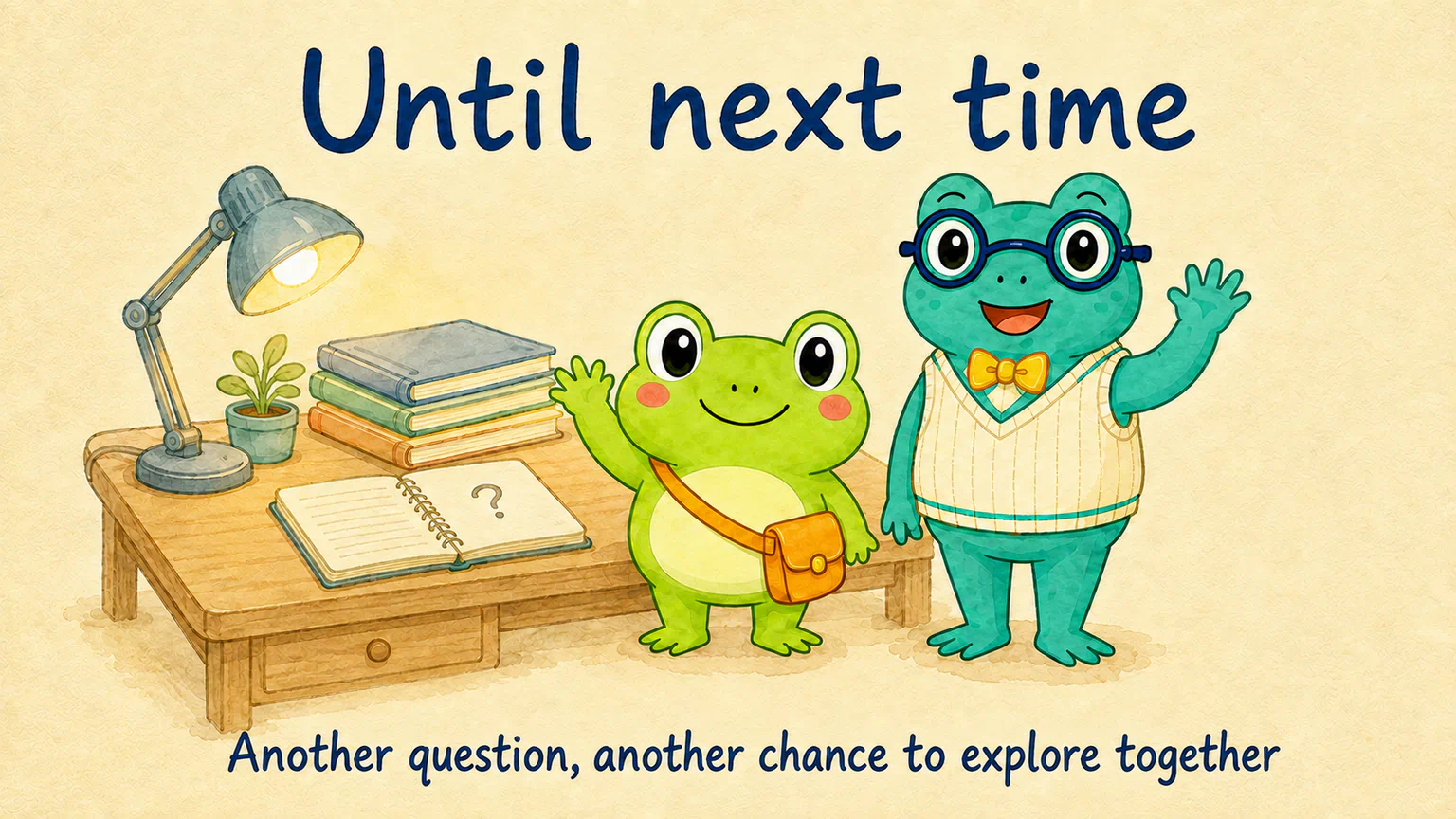 Hoppy and Dr. Hop smile and wave beside their research desk. The completed notes are saved, while a fresh notebook lies open for another question. Until next time—another chance to explore together.