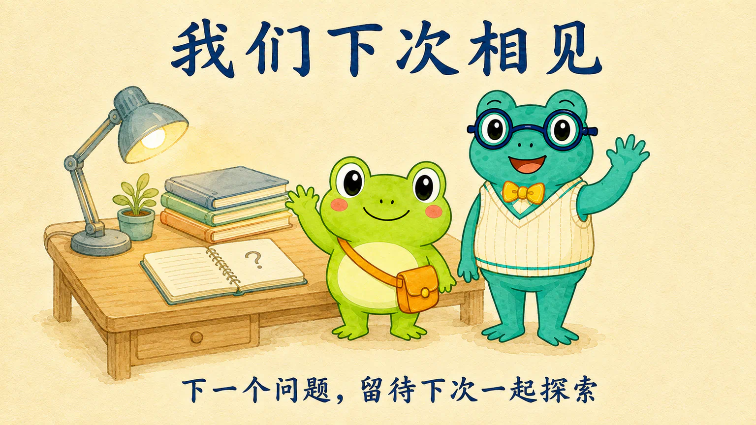 蛙兄和蛙博士在研究桌旁微笑挥手，保存好的记录旁留着一本翻开的新笔记。我们下次相见，下一个问题留待下次一起探索。