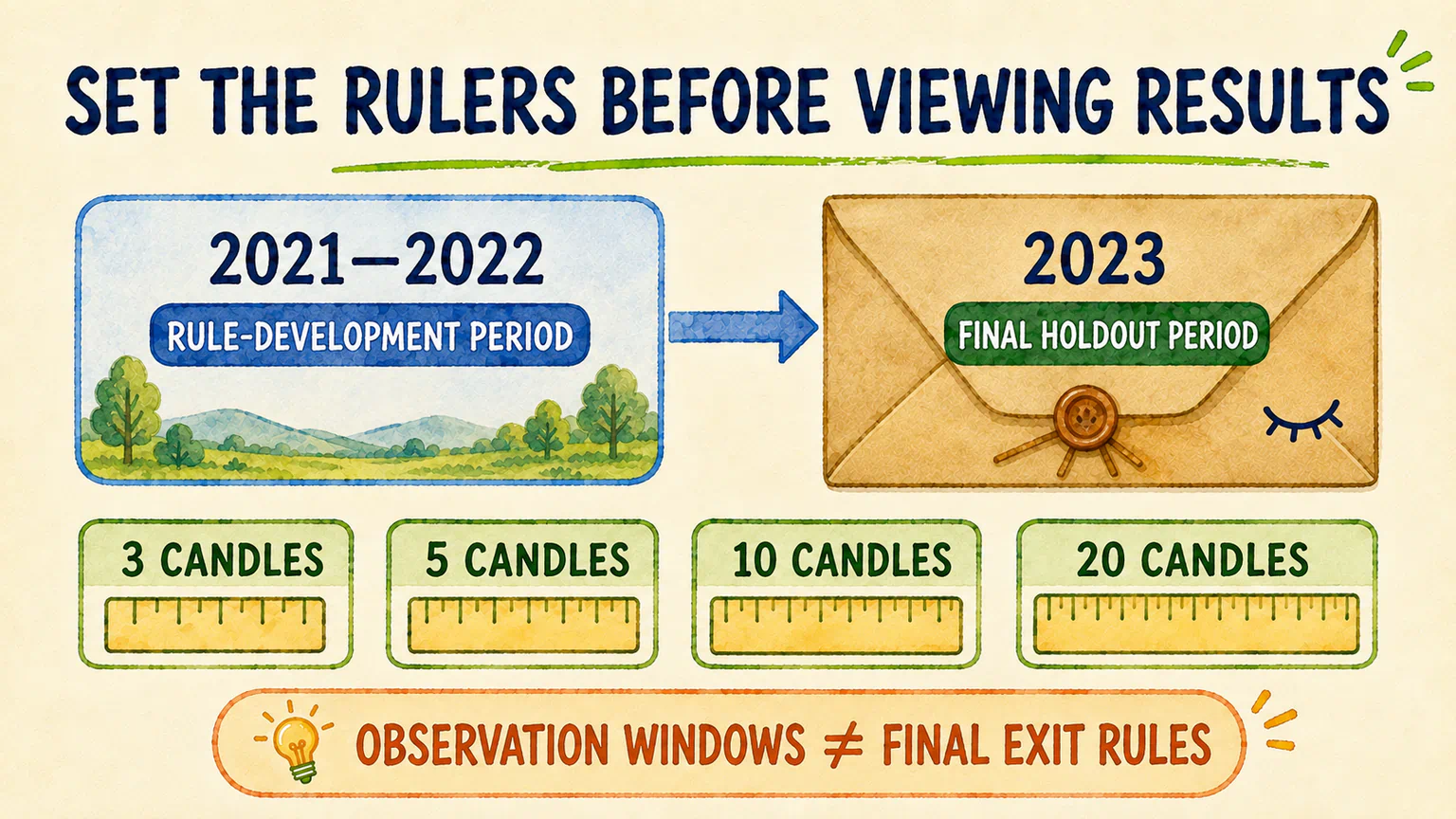 Freeze the development period, holdout period, and observation windows before viewing returns.