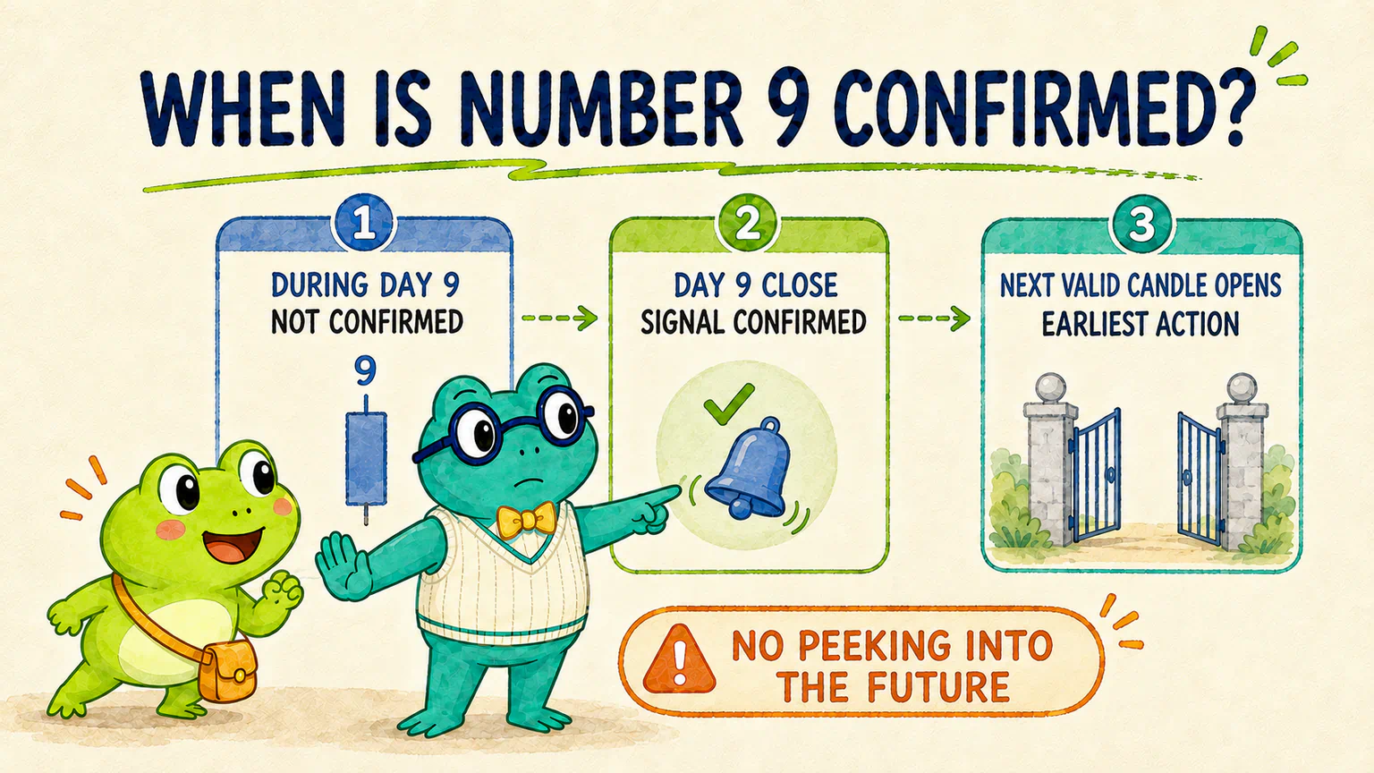 Number 9 is confirmed only after the close, so the earliest action is the next valid candle's open.