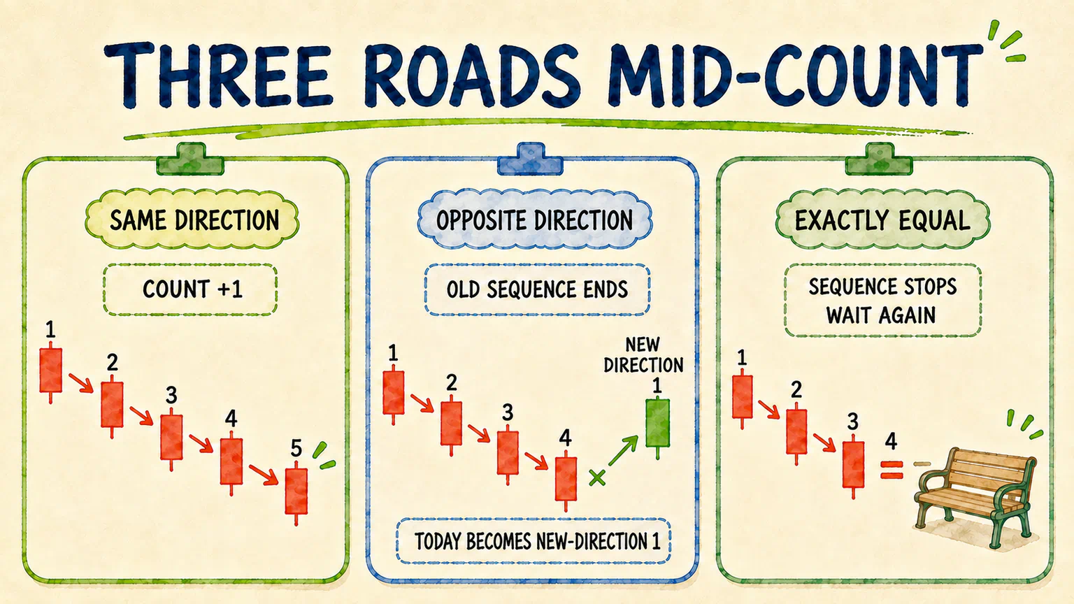 Same direction, opposite direction, and equality send the count toward three different outcomes.