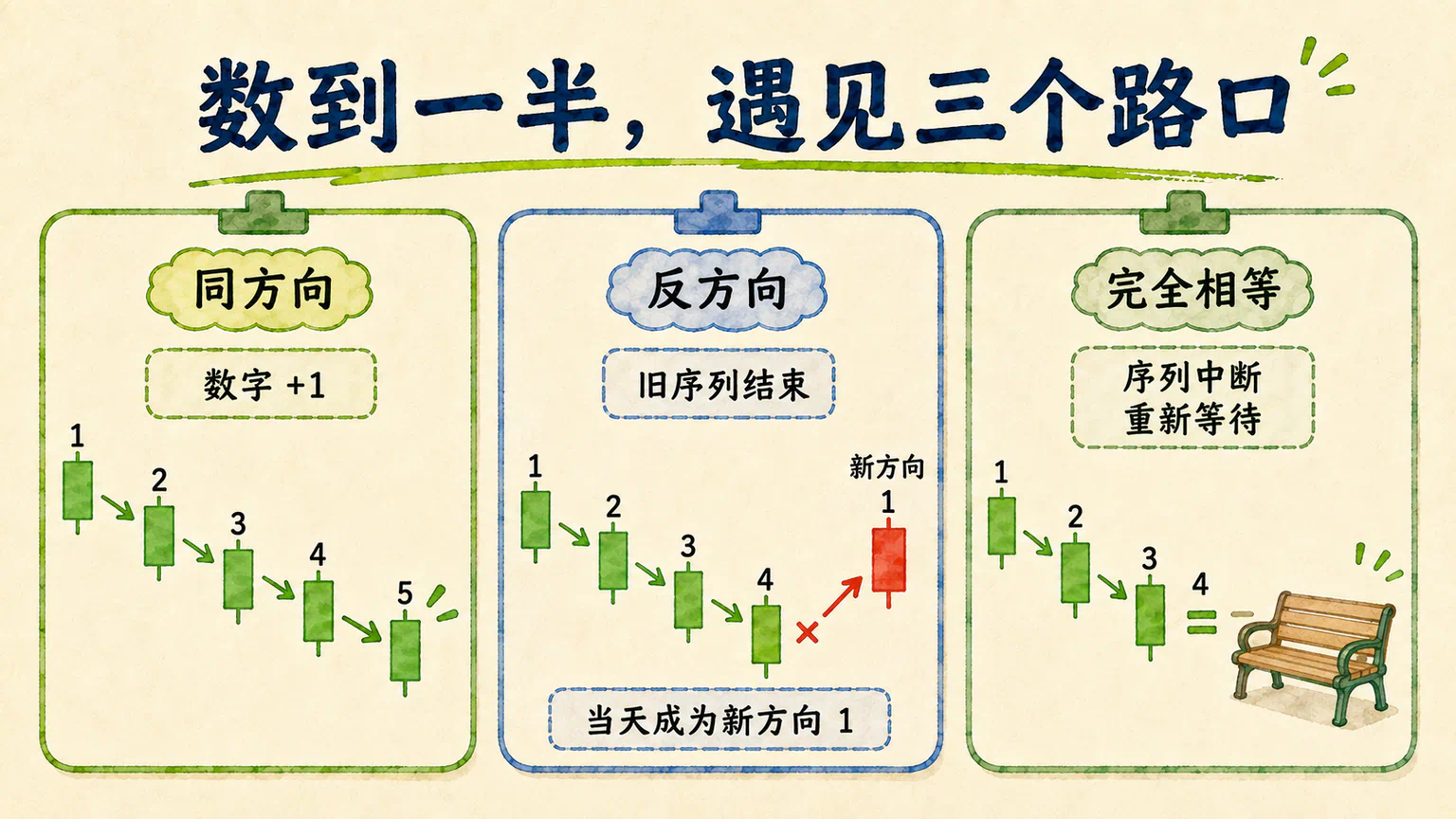 同方向、反方向与完全相等,会让计数走向三个不同结果。