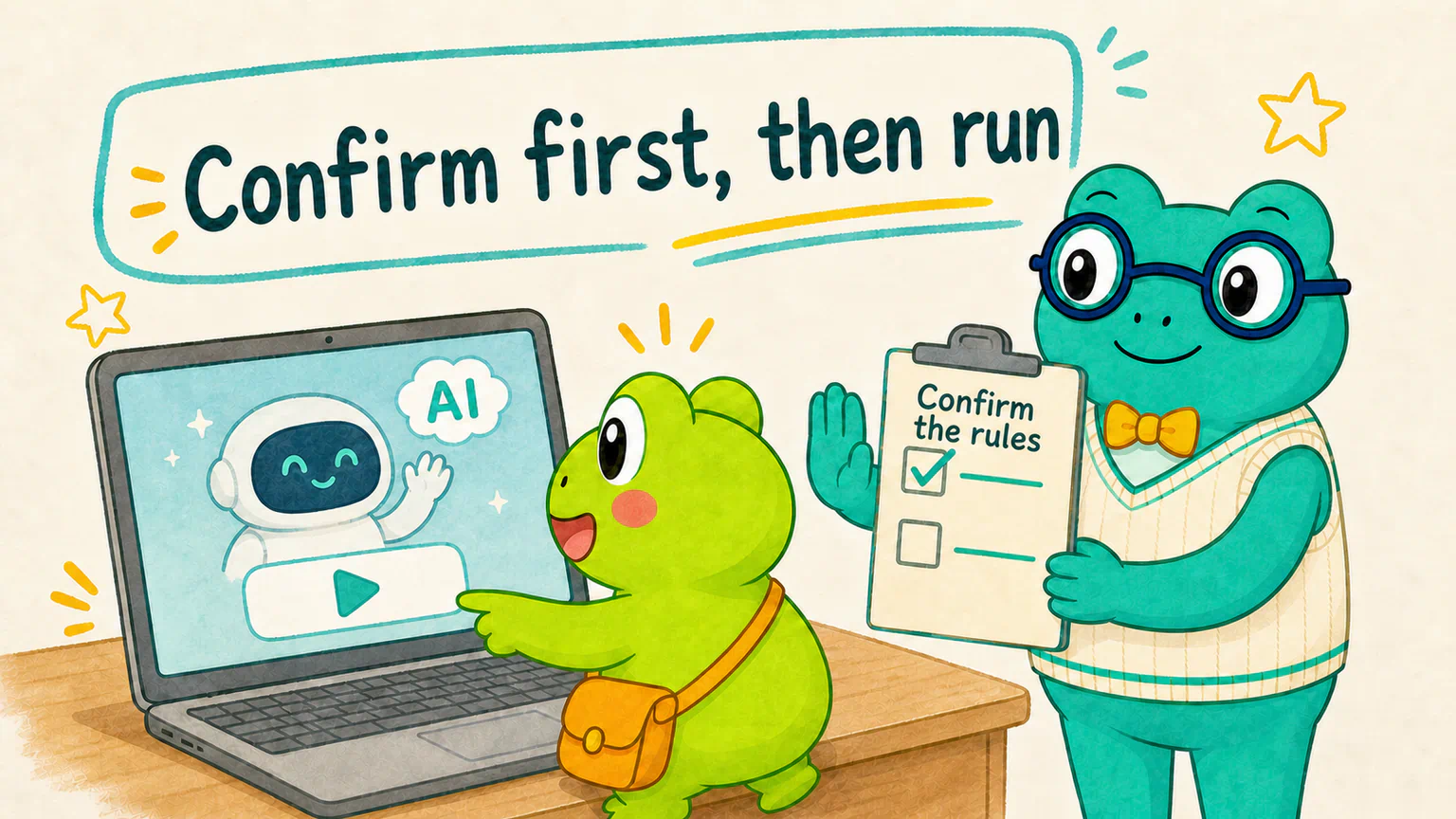 Hoppy is ready to start the calculation, while Dr. Hop reminds him to ask AI to restate the rules and wait for confirmation.