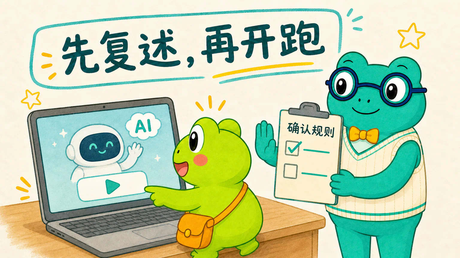 蛙兄准备让 AI 开始计算,蛙博士提醒他先让 AI 复述规则,确认以后再开跑。