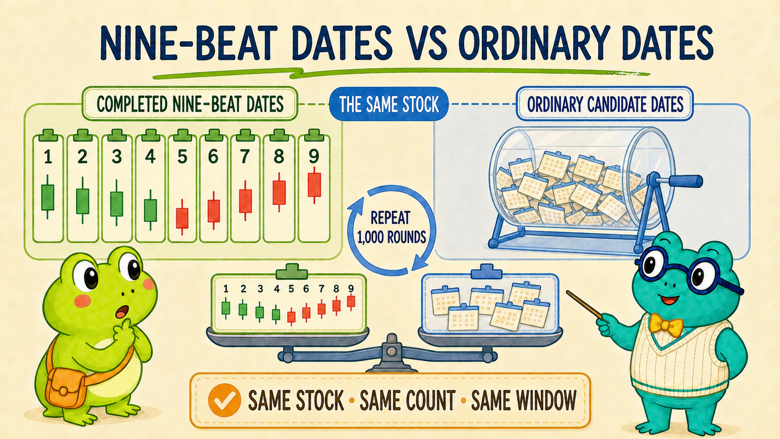 The random control repeatedly draws ordinary dates from the same stock, then compares those 1,000 rounds with the nine-beat dates.