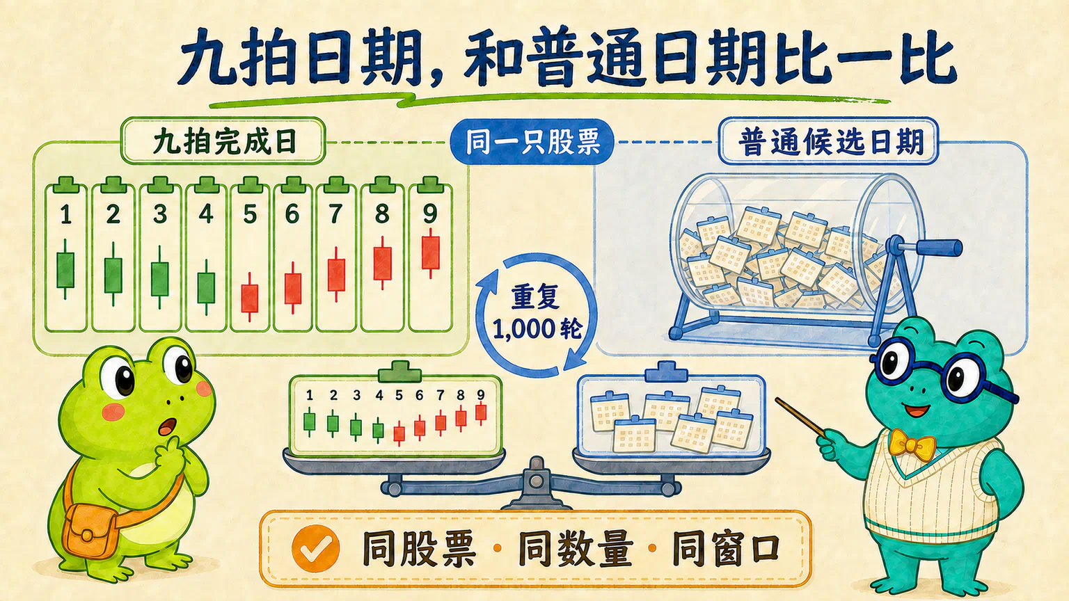 随机对照会从同一只股票的普通候选日期中重复抽取 1,000 轮,再与九拍日期比较。