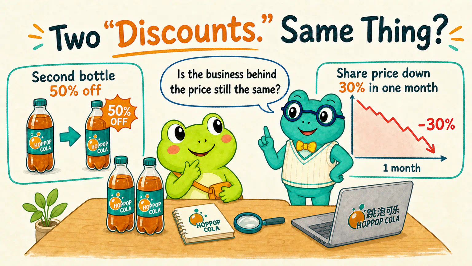 Hoppy compares a half-price second bottle of HopPop Cola with a 30% fall in the fictional company’s share price, while Dr. Hop asks whether the business behind the price has changed.