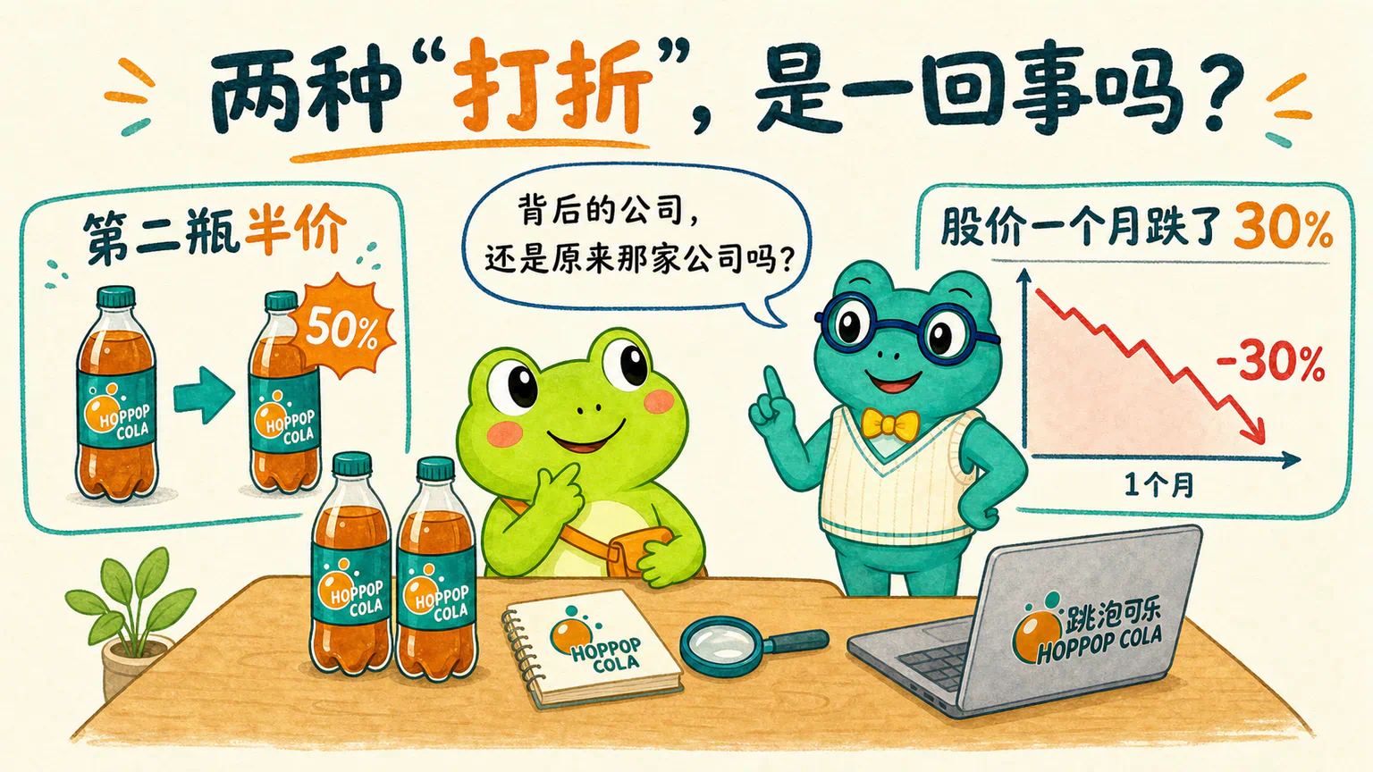 蛙兄把便利店的第二瓶半价和跳泡可乐股票一个月下跌三成放在一起，蛙博士提醒他先检查价格标签背后的公司是否已经变化。