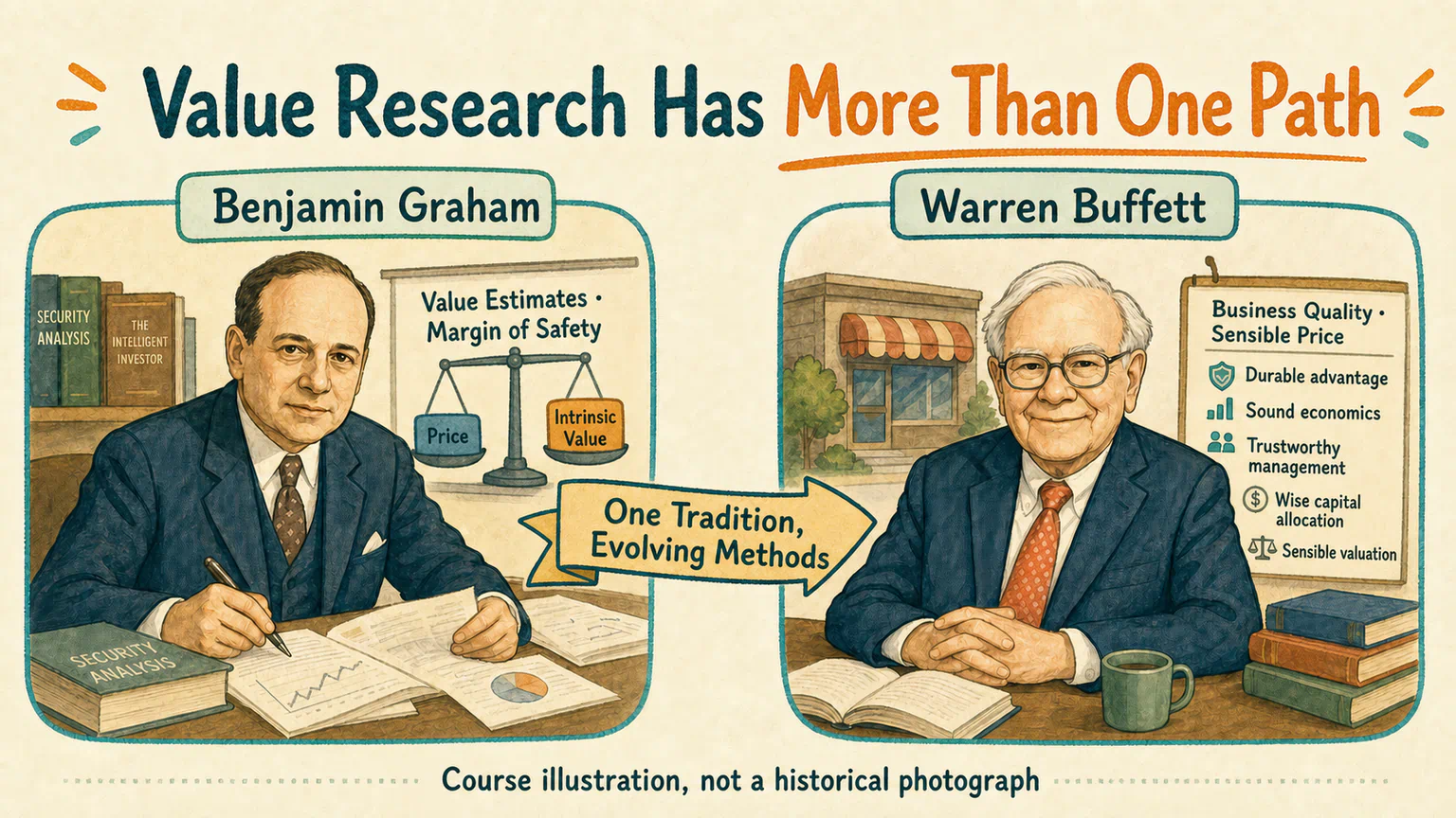 Course illustrations of Benjamin Graham and Warren Buffett show two different emphases within the value-research tradition: estimating value with a margin of safety, and considering business quality alongside a sensible price.