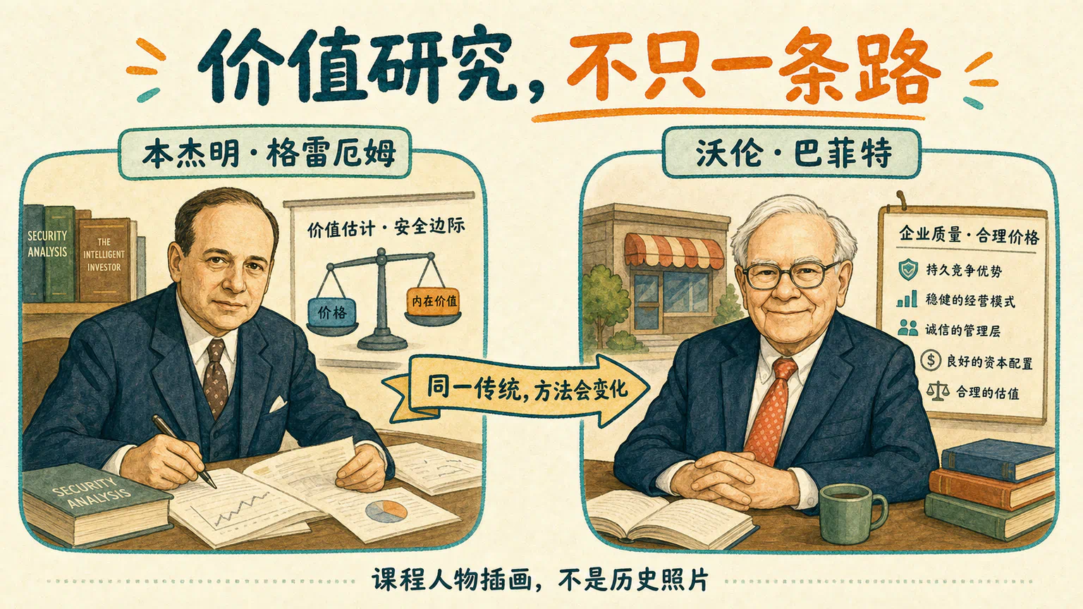 本杰明·格雷厄姆与沃伦·巴菲特的课程人物插画展示同一价值研究传统中的不同侧重：价值估计与安全边际，以及企业质量与合理价格。