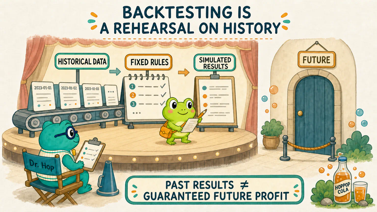 Hoppy and Dr. Hop inspect a strategy rehearsal on the stage of historical data while the door marked Future remains firmly closed.