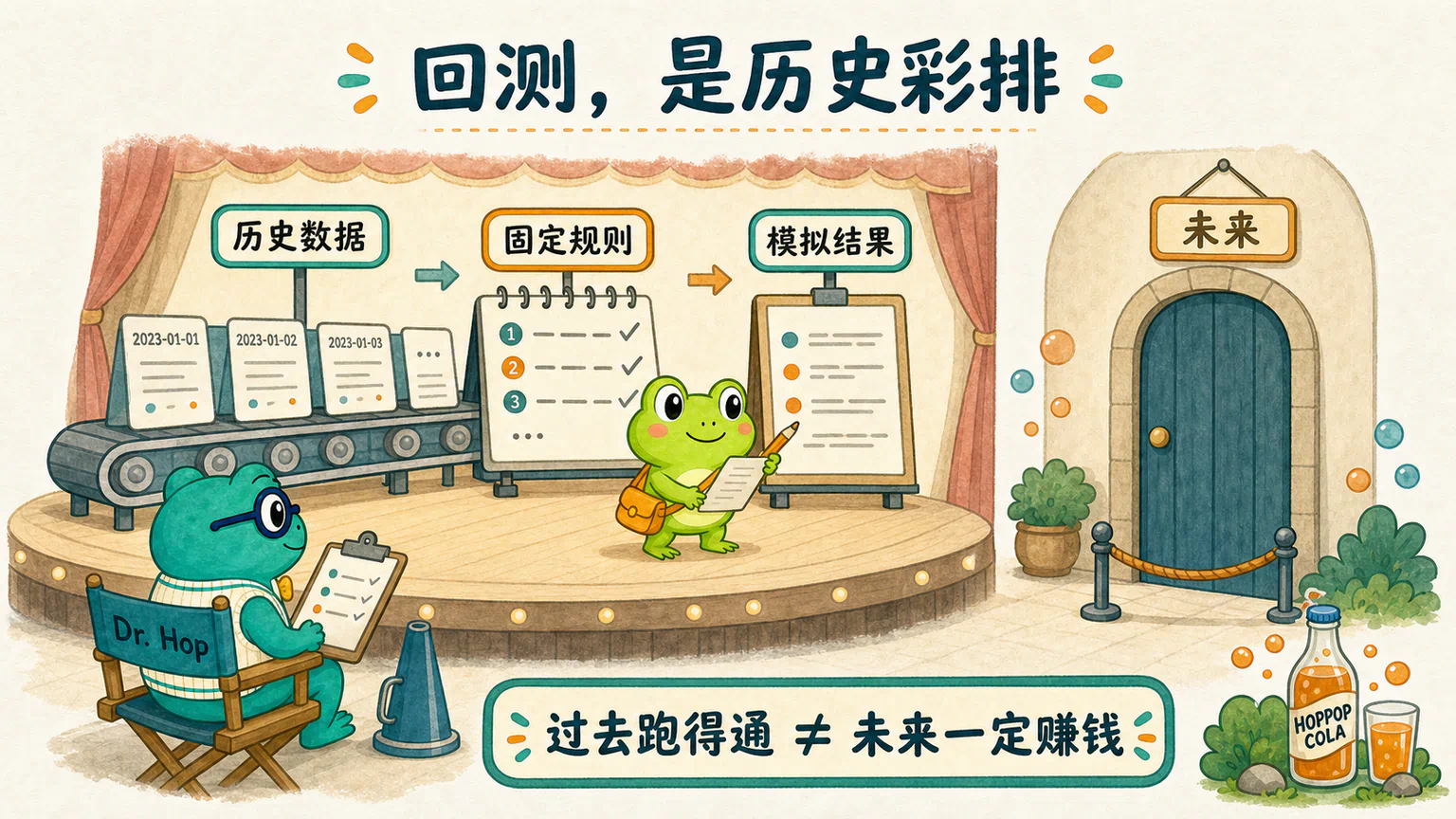 蛙兄和蛙博士在历史舞台上检查策略彩排,舞台记录清晰可见,但写着未来的大门仍然关闭。