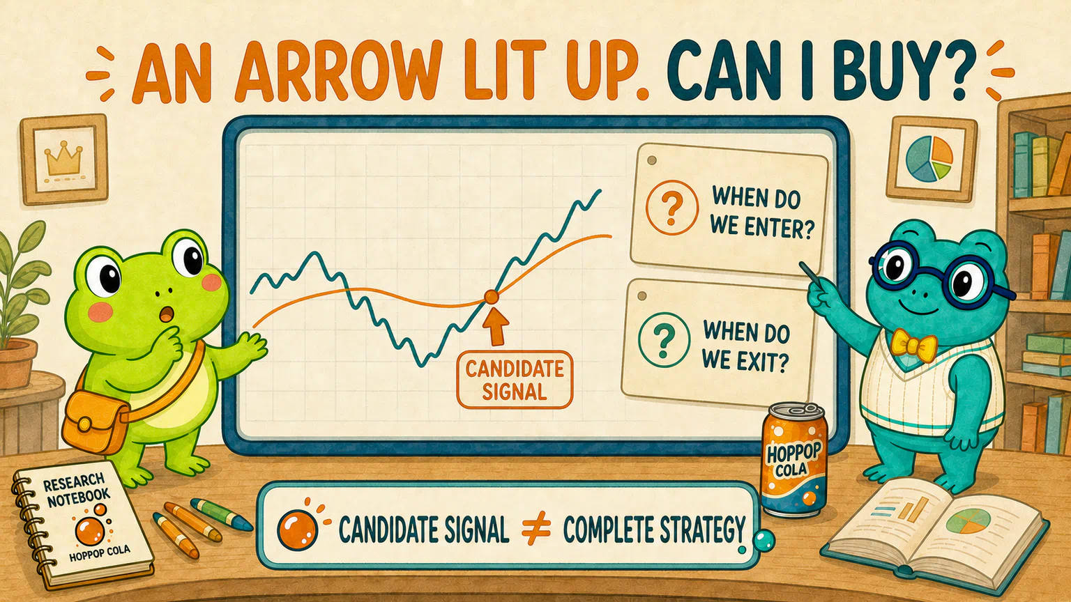 HopPop Cola price crosses its moving average and a candidate-signal arrow appears, but the entry, exit, and execution questions remain unanswered.