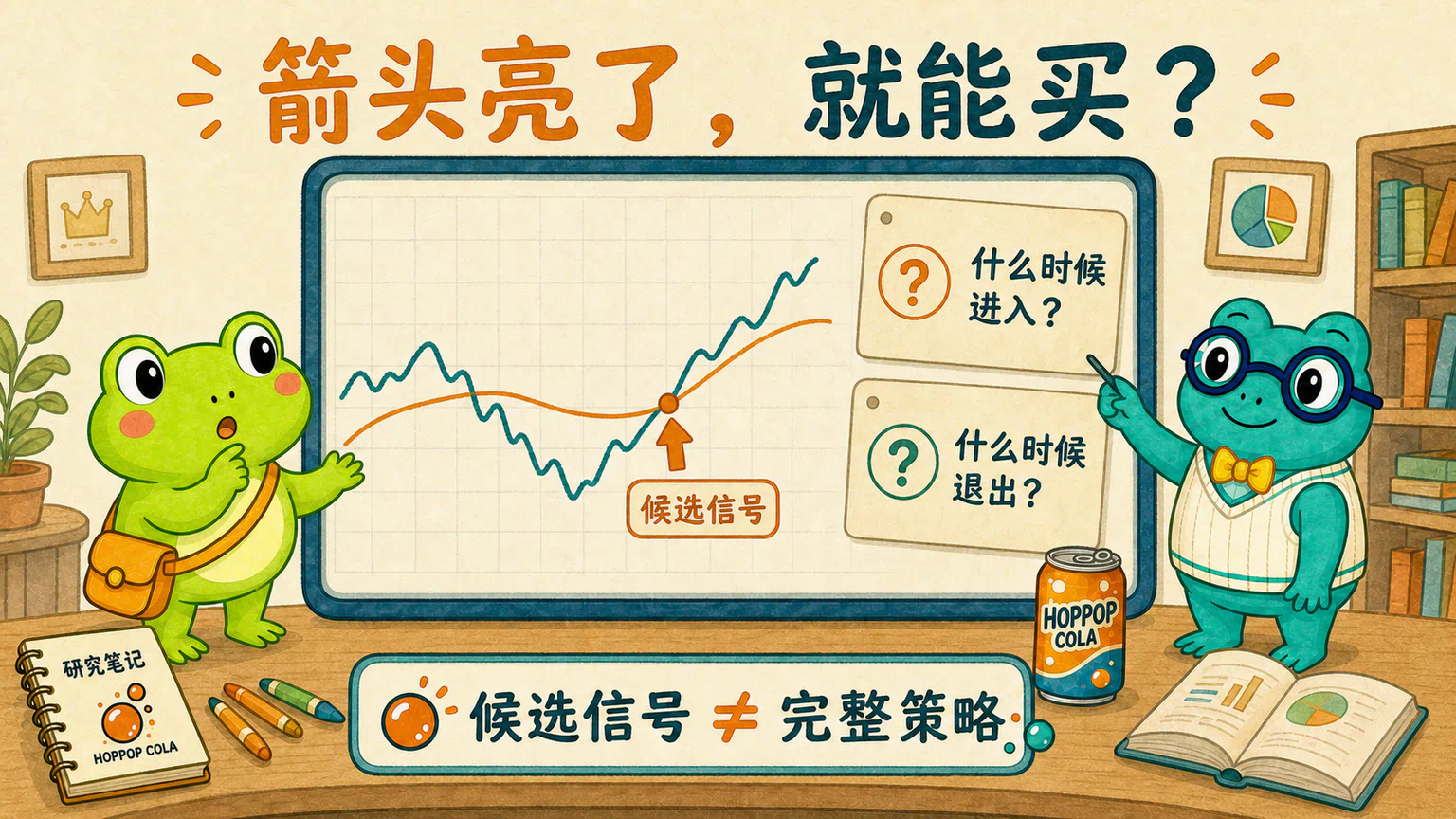 跳泡可乐的价格上穿均线,屏幕亮起候选信号箭头,但进入、退出和执行问题仍然没有答案。