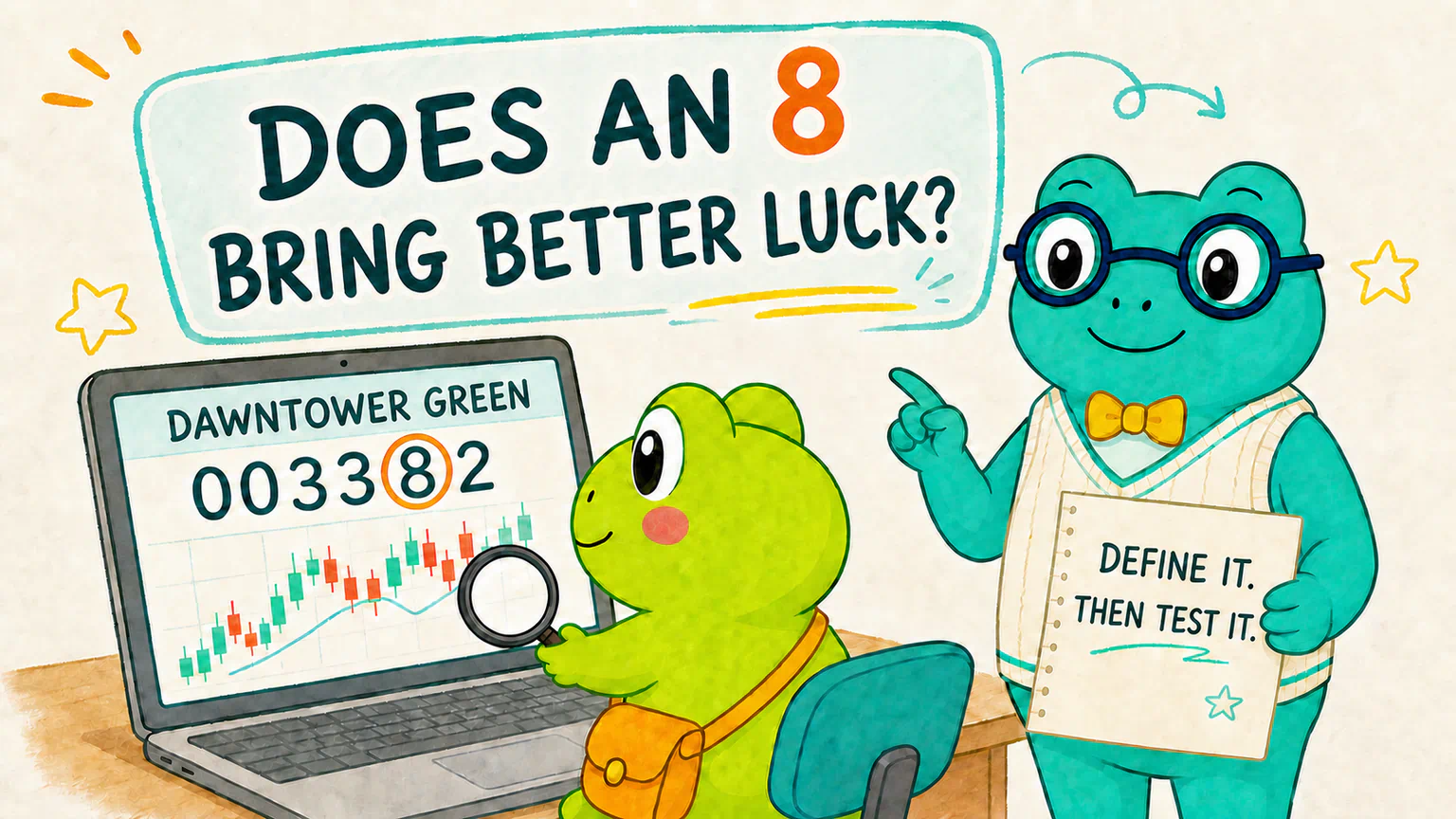 Hoppy spots the digit 8 in the fictional stock ID 003382, while Dr. Hop reminds him to define the question before testing it.