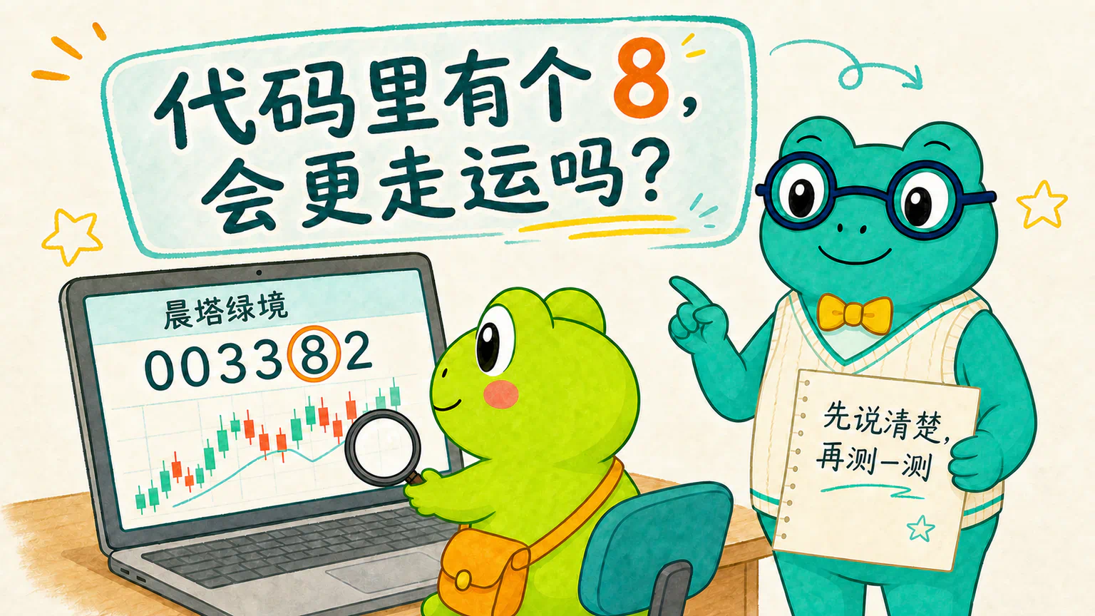 蛙兄从虚构股票代码 003382 中发现数字 8,蛙博士则提醒他先把想测的问题说清楚。