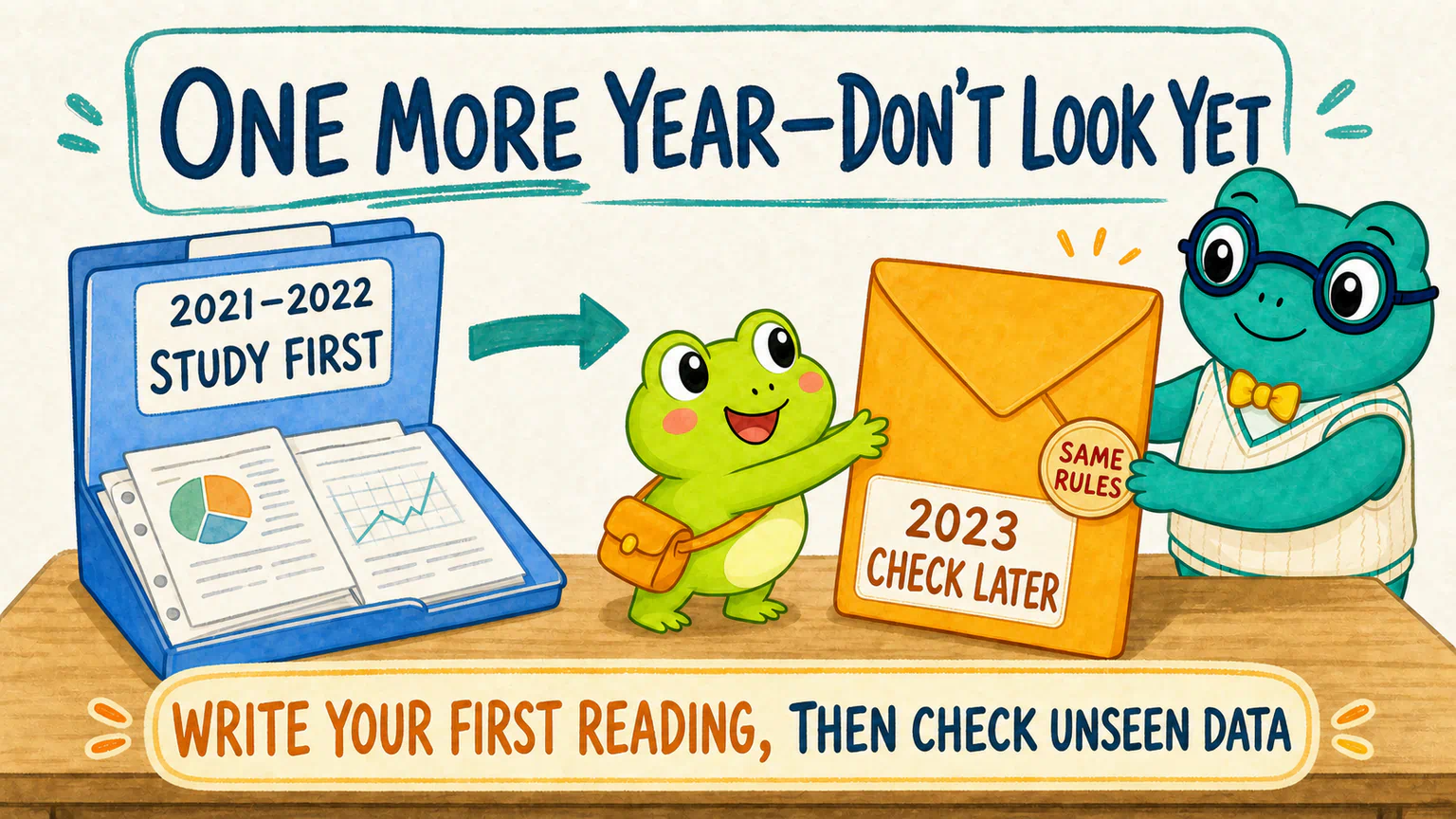The 2021–2022 data is used for the first study, while 2023 stays sealed until the rules are fixed and ready for a second check.