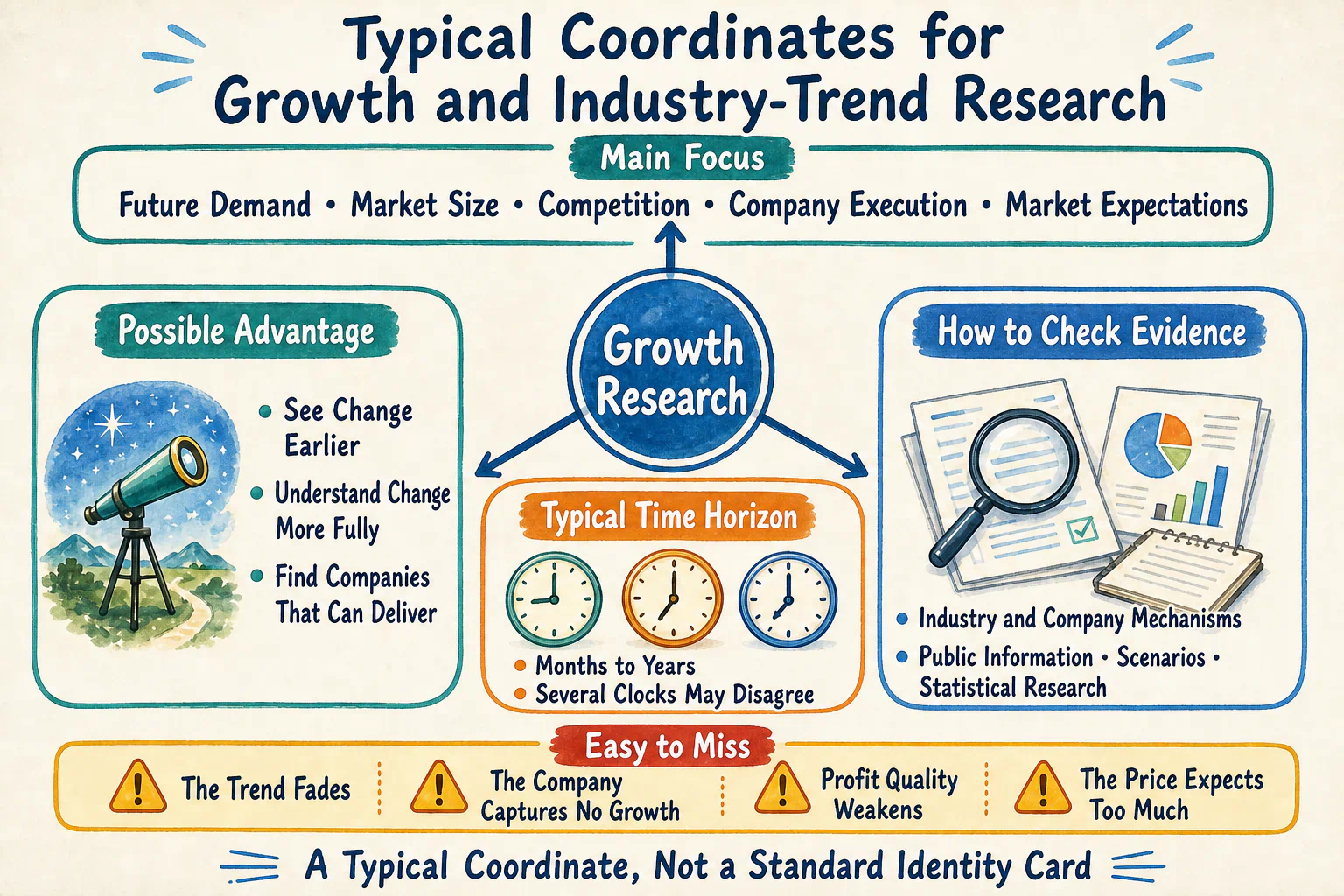A typical coordinate card for growth and industry-trend research, covering its focus, possible advantage, time horizon, evidence, and common blind spots.