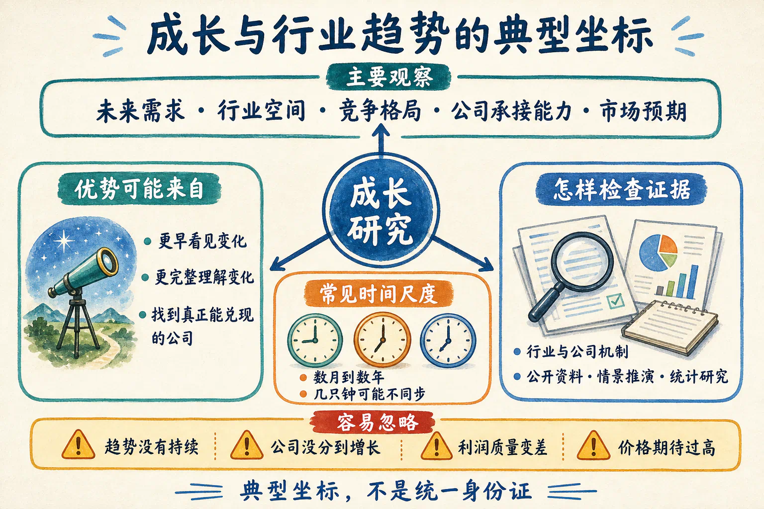成长与行业趋势研究在主要观察、优势来源、时间尺度、证据方法和常见遗漏上的典型坐标。