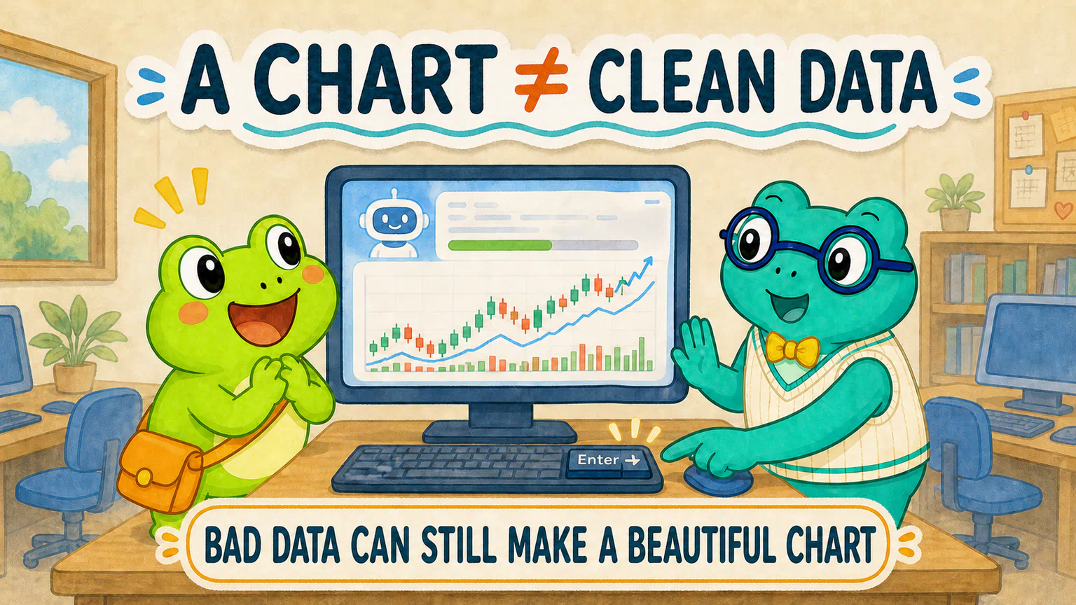 AI is ready to draw a chart. Hoppy watches excitedly while Dr. Hop reminds him that bad data can still make a beautiful chart.