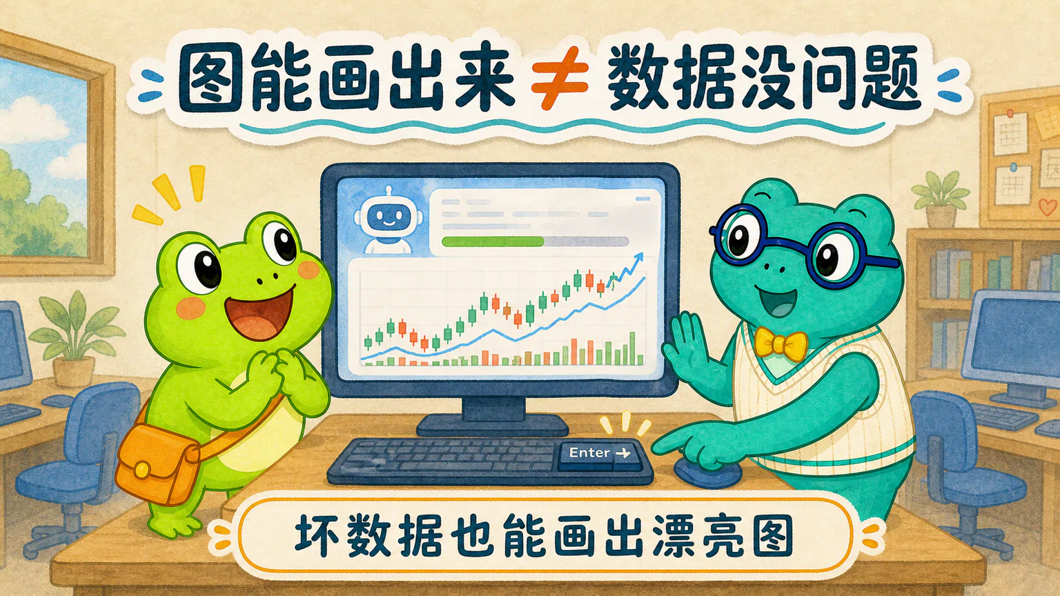 AI 已经准备画图,蛙兄兴奋地看着屏幕,蛙博士提醒他坏数据也能画出一张很好看的图。