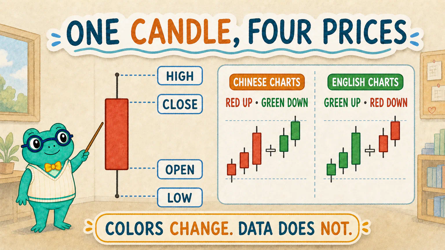 A candle contains open, high, low, and close. Chinese A-share charts commonly use red when close is above open, while English-language charts commonly use green.