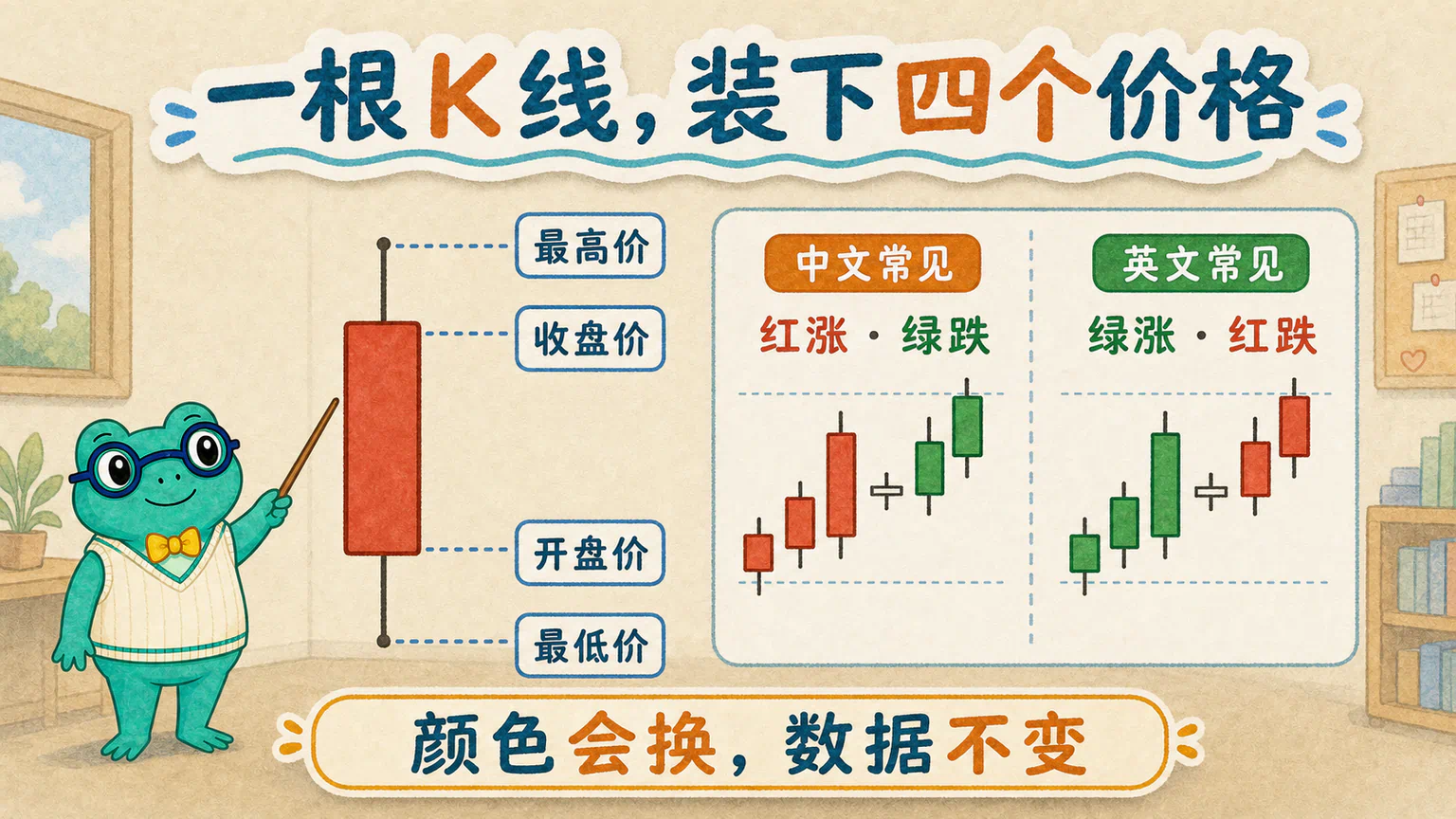 一根 K 线包含开盘、最高、最低和收盘;中文行情常用红色表示收盘高于开盘,英文行情常用绿色表示收盘高于开盘。