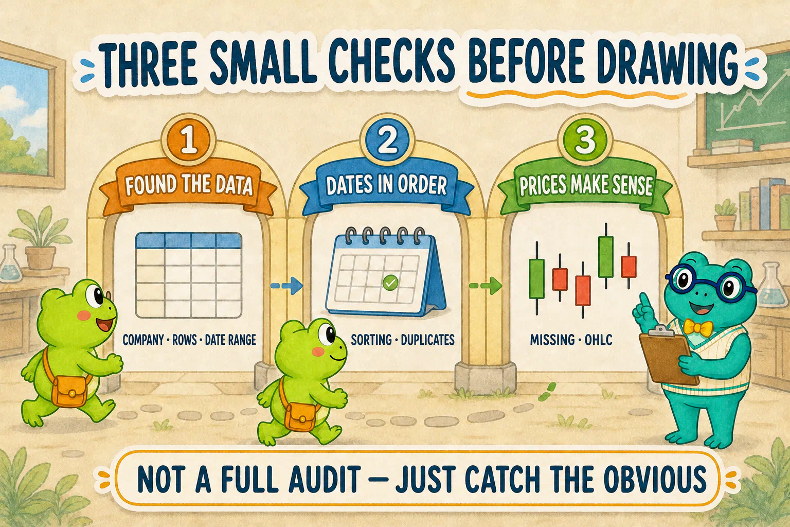 Before drawing, the data passes through three lightweight checks: identity and date range, date order and duplicates, and missing or contradictory OHLC values.