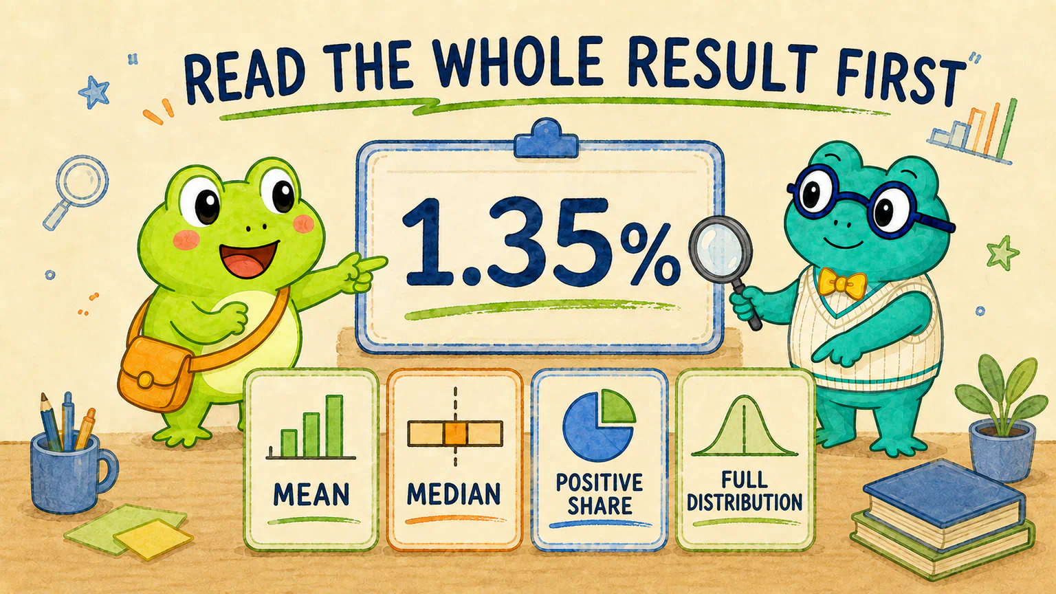 Hoppy points at the eye-catching mean return while Dr. Hop asks him to read the mean, median, positive-return share, and full distribution first.