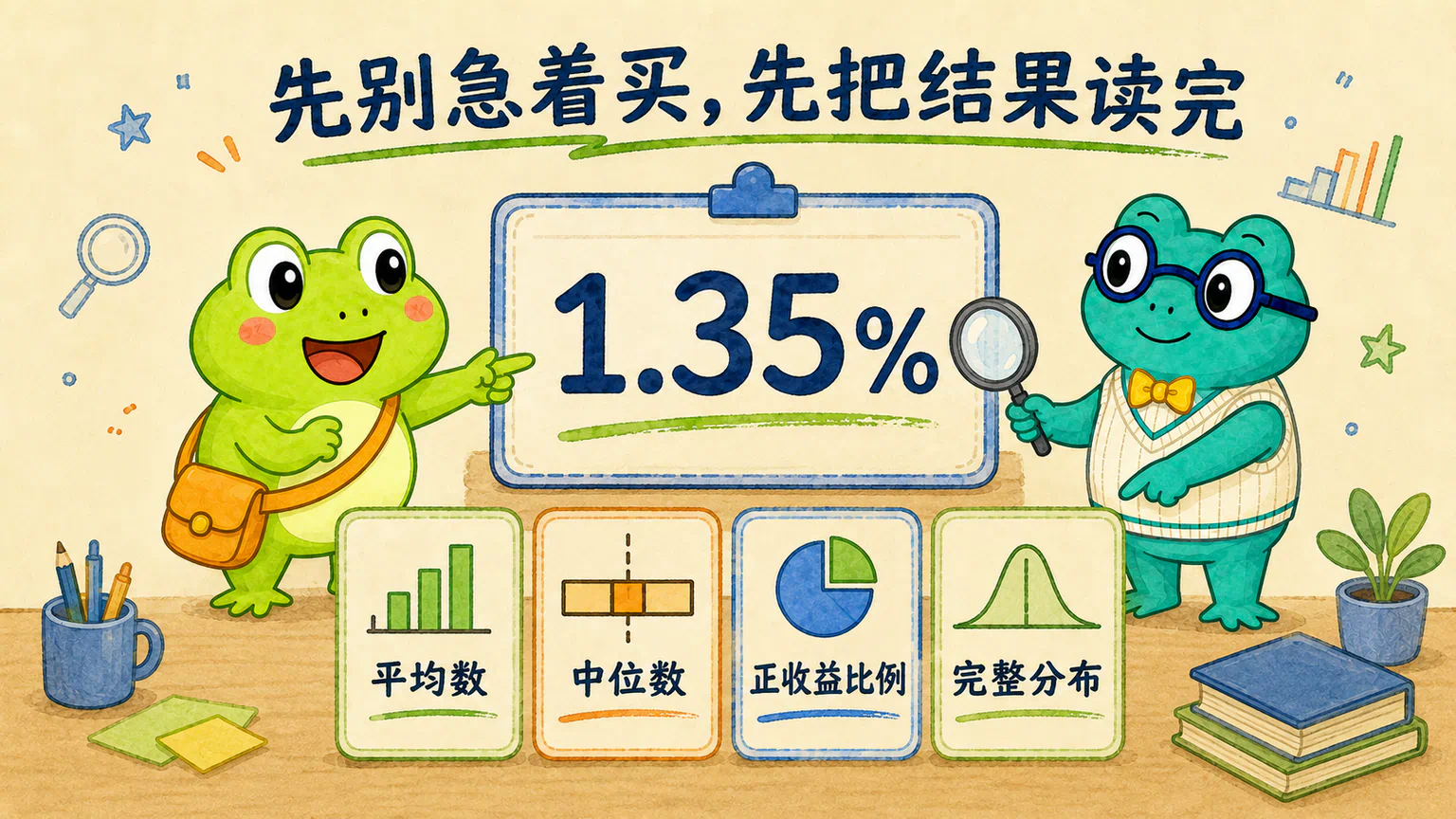 蛙兄指着醒目的平均收益，蛙博士请他先读完平均数、中位数、正收益比例和完整分布。