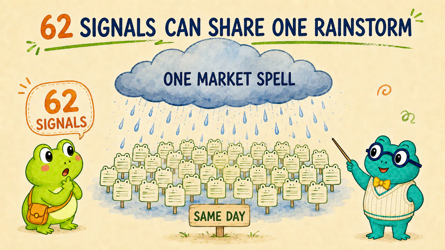 Many frogs are soaked by the same rainstorm, showing how signals on the same date may share one market environment.