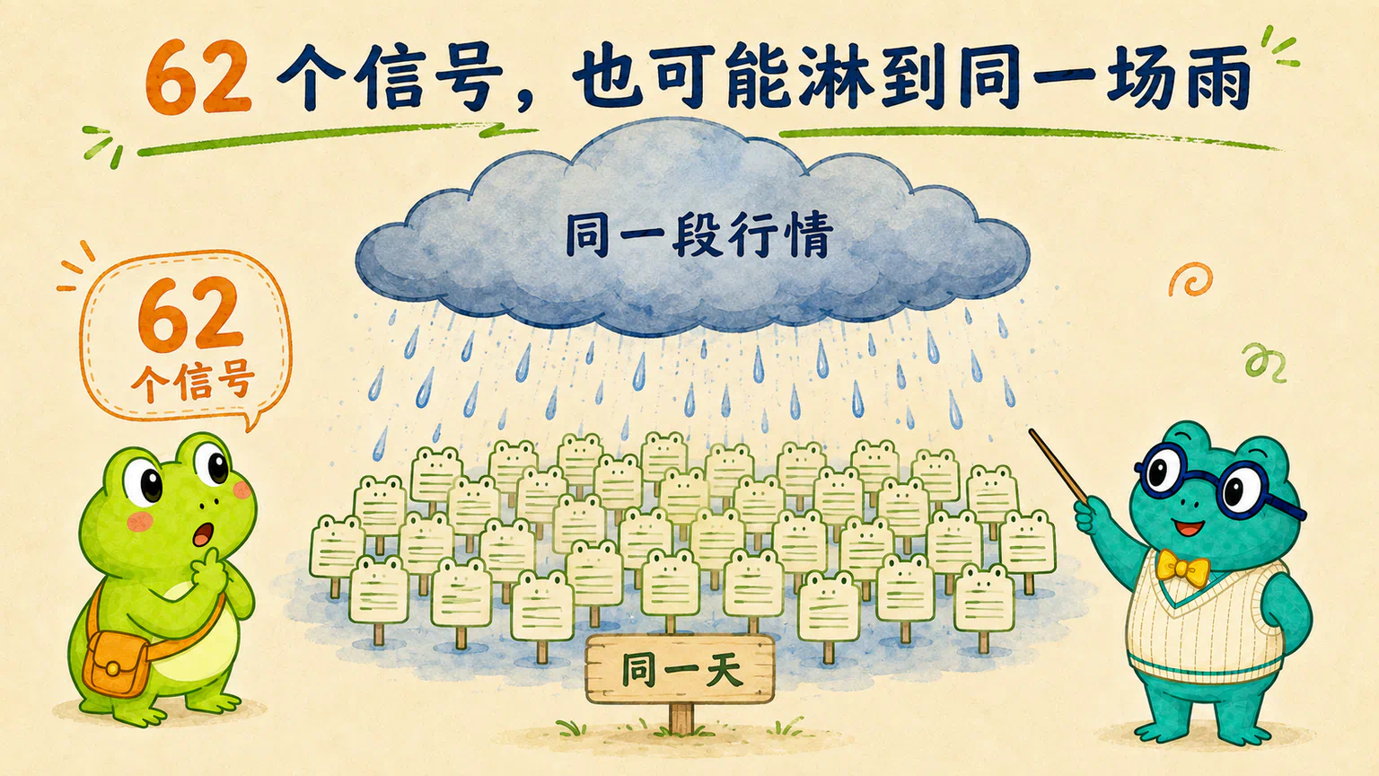 同一场雨淋湿许多青蛙，说明同一天出现的许多信号可能受到同一段市场行情影响。