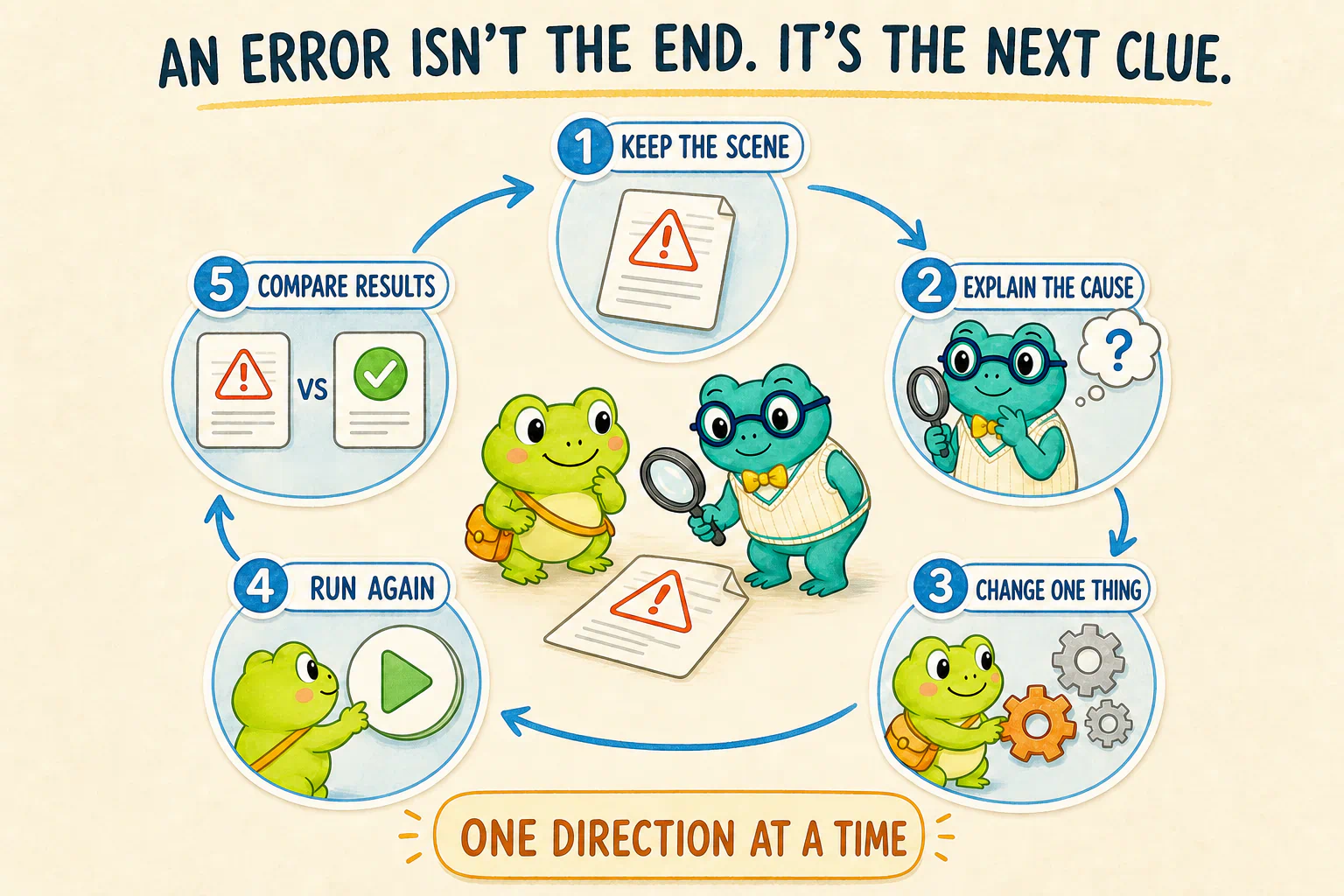 When an error appears, keep the scene, explain the cause, change one thing, run again, and compare the result.