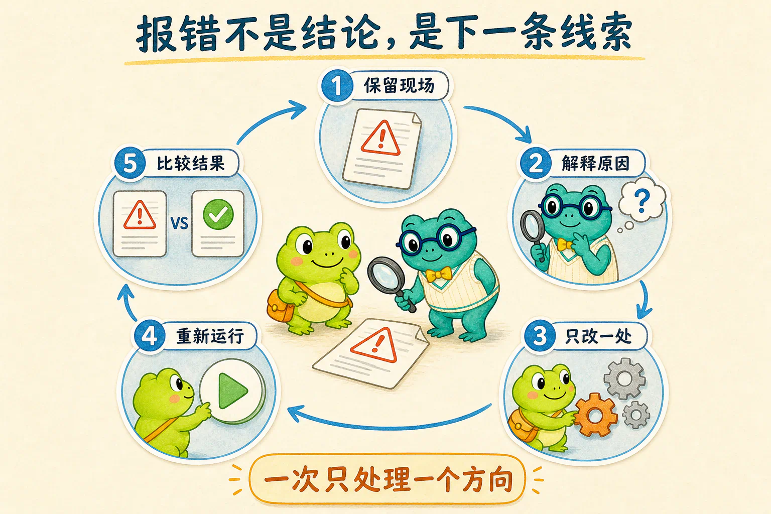 遇到报错时，保留现场、解释原因、只改一处、重新运行，再比较前后结果。