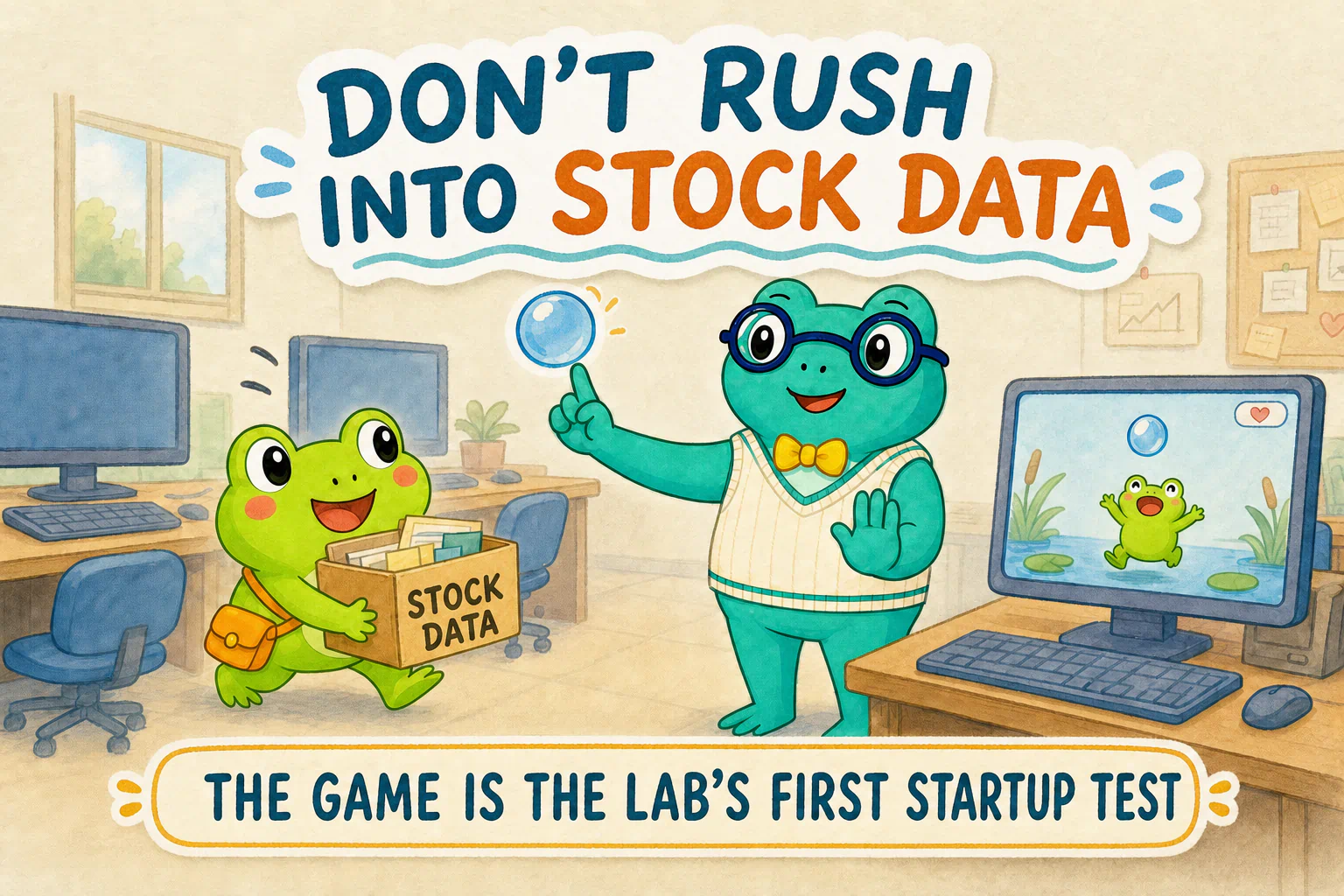 Hoppy is about to carry stock data into the lab when Dr. Hop asks him to run a tiny game as the first startup test.
