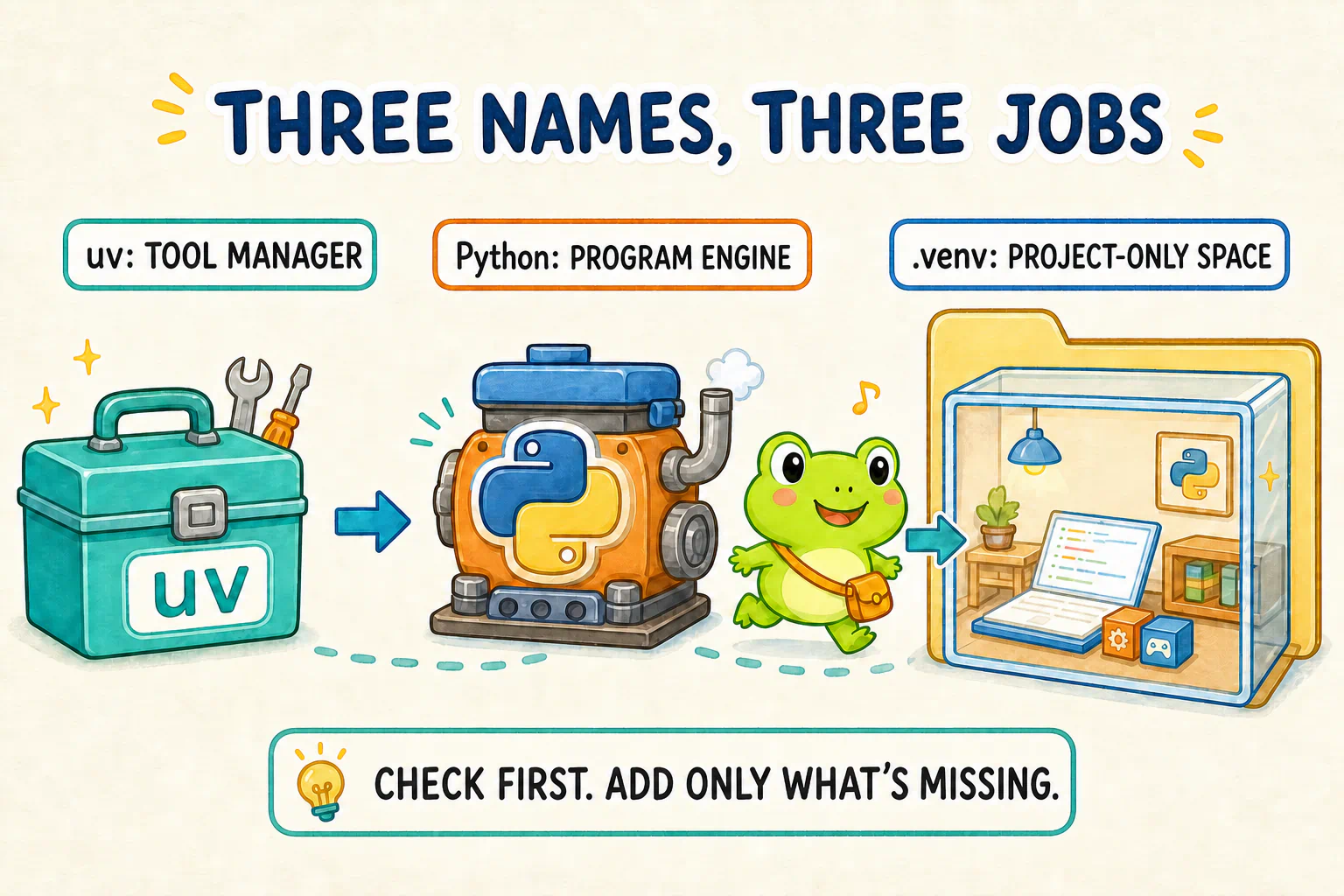 uv, Python, and the project-local .venv each have a different job. Inspect first, then add only what is missing.