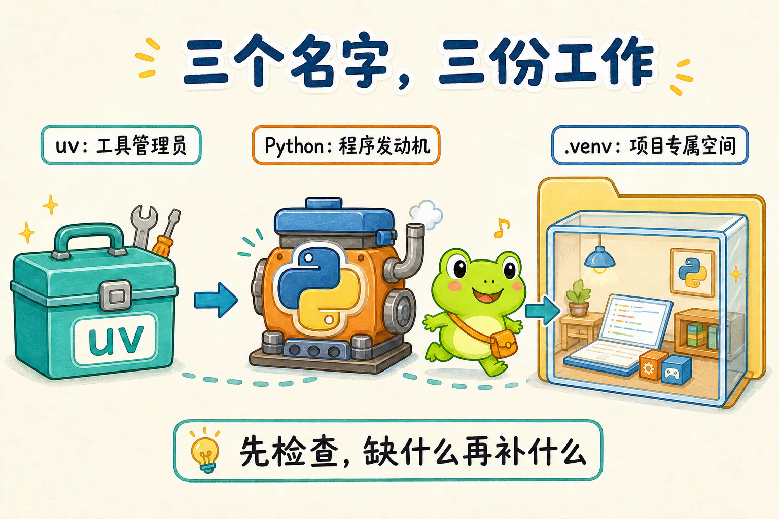 uv、Python 和项目内 .venv 分别承担不同工作，先检查，再只补齐缺少的部分。