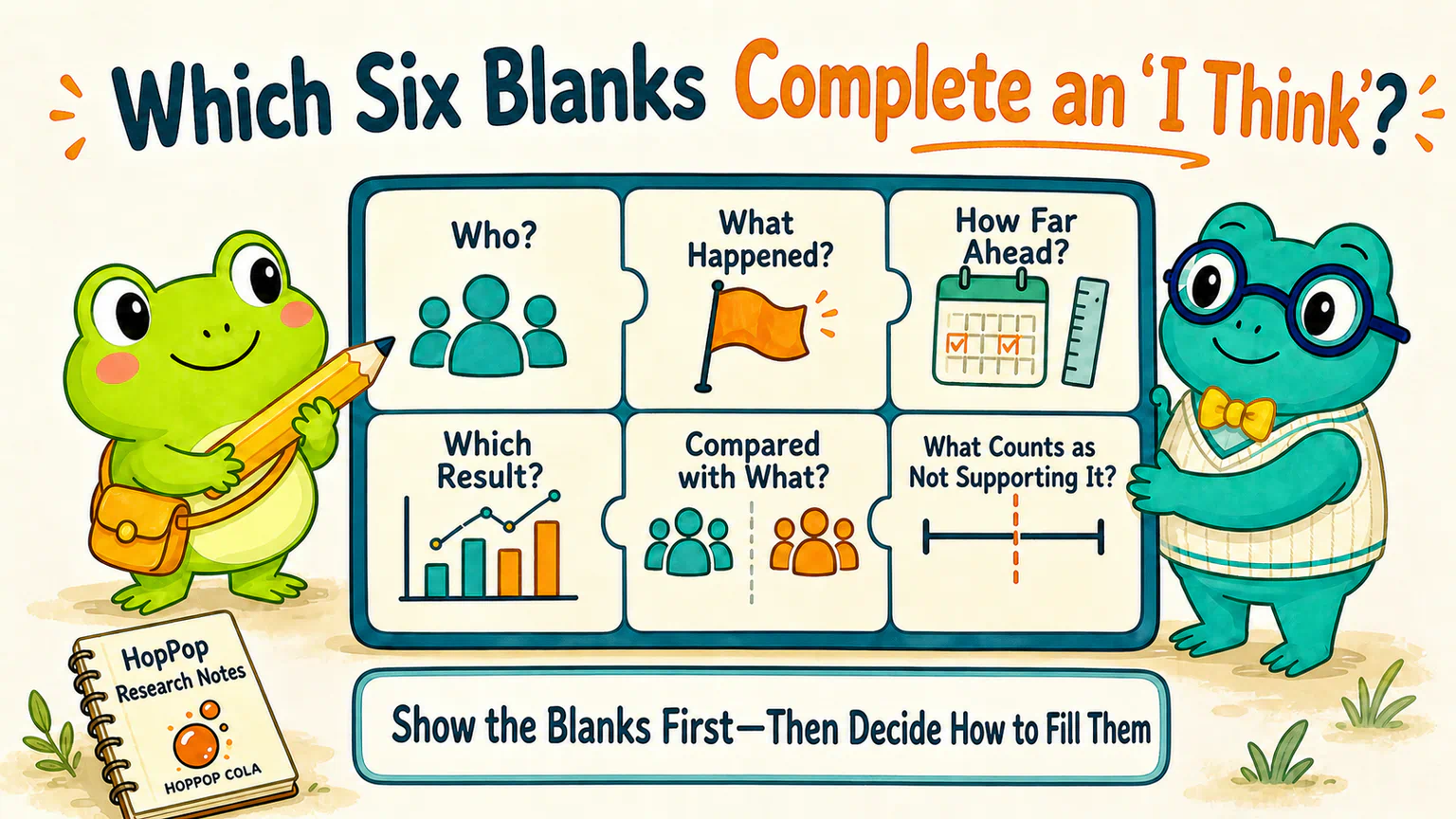 A research card fills six blanks for subjects, trigger condition, observation period, outcome measure, comparison, and what counts as not supporting the claim.