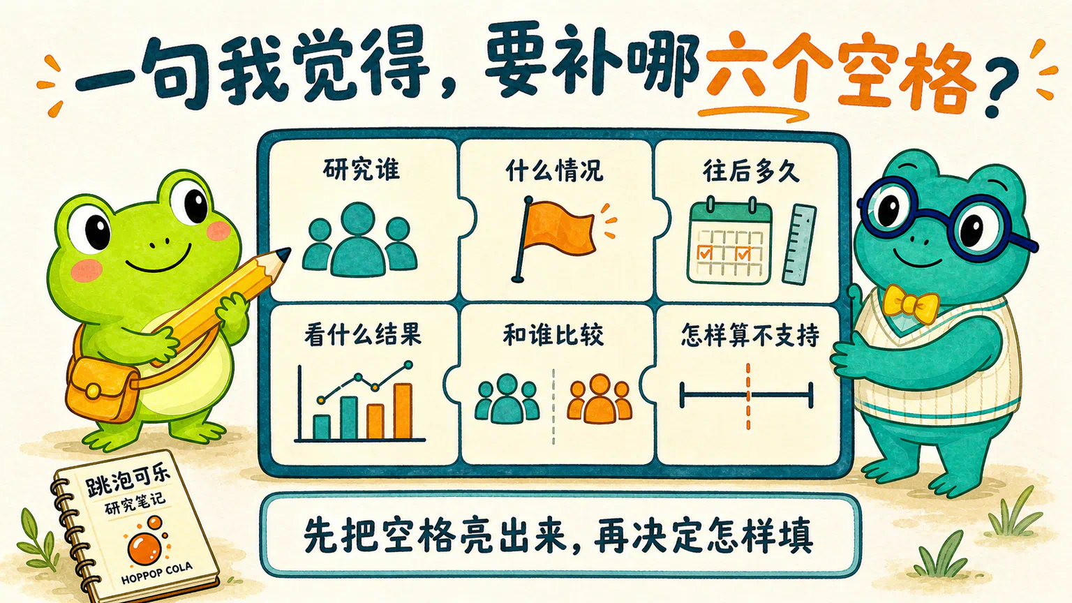 一张研究卡依次补上研究对象、触发条件、观察时间、结果口径、比较对象和不支持标准六个空格。