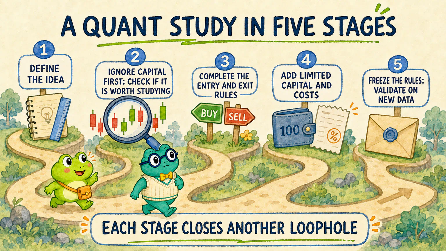 A quant study moves through five stages, from defining the idea to validating frozen rules on new data.