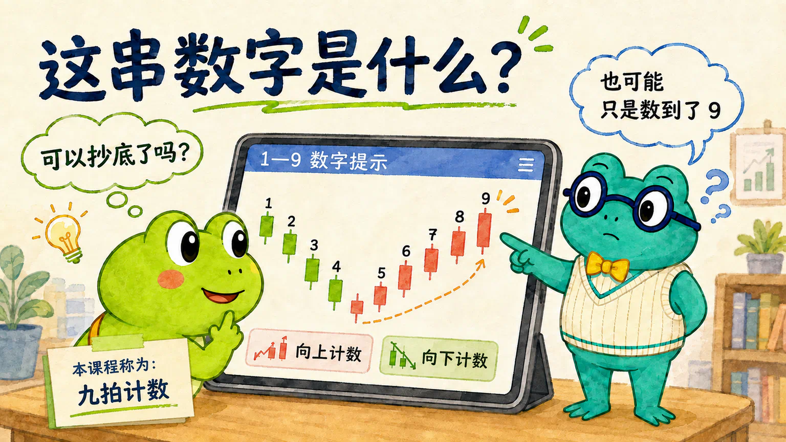 蛙兄在股票 App 中发现九拍计数，并冒出了抄底的猜想。