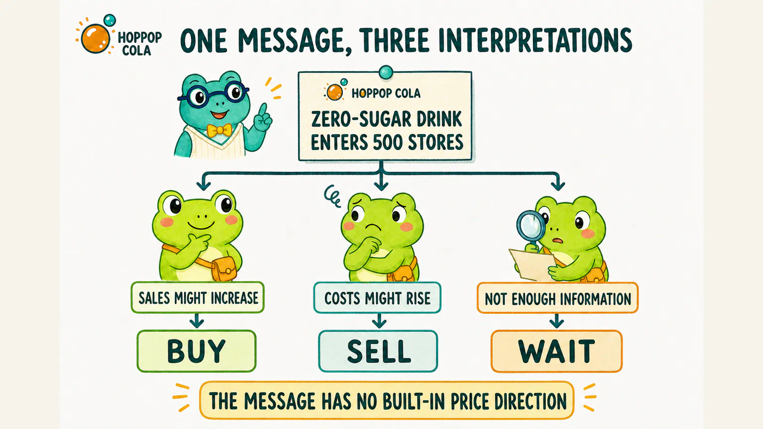 The same announcement that a zero-sugar drink will enter 500 stores can be read as a sales opportunity, a source of higher costs, or simply not enough information to act.