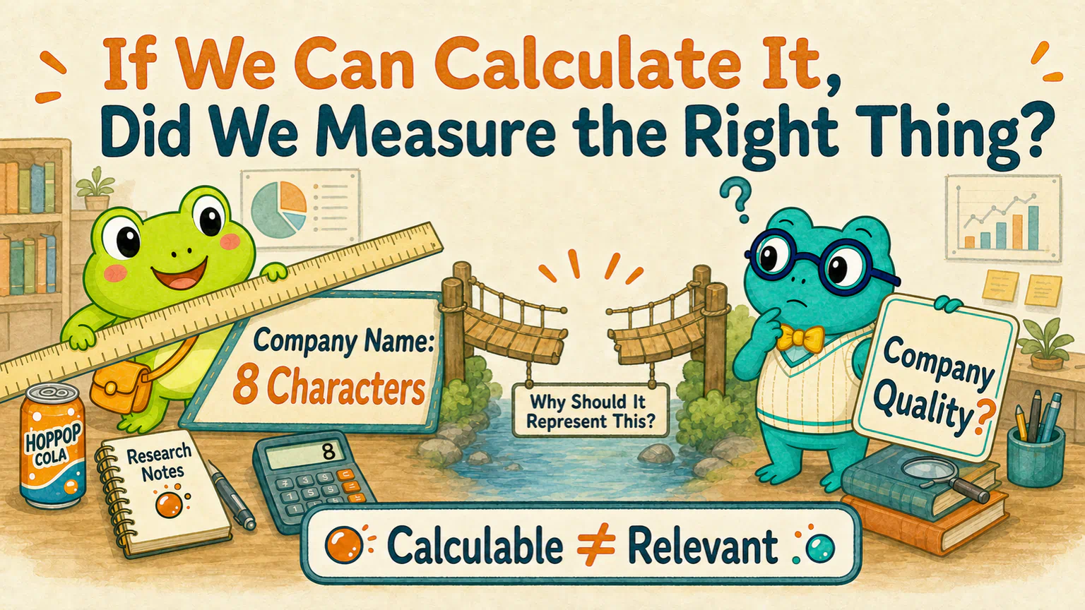 Hoppy measures the length of a company name with a ruler while the question of company quality remains unanswered.