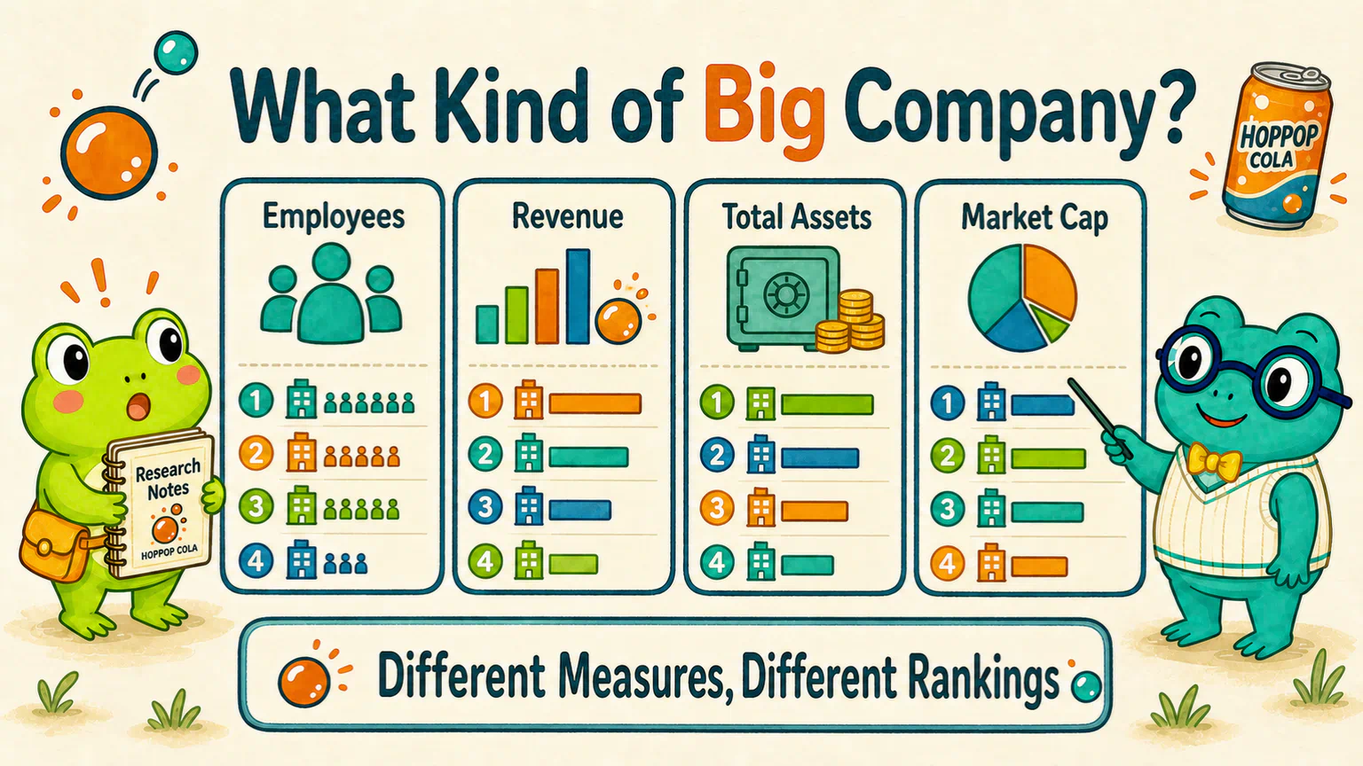 Hoppy faces four different large-company rankings based on employees, revenue, total assets, and market value.