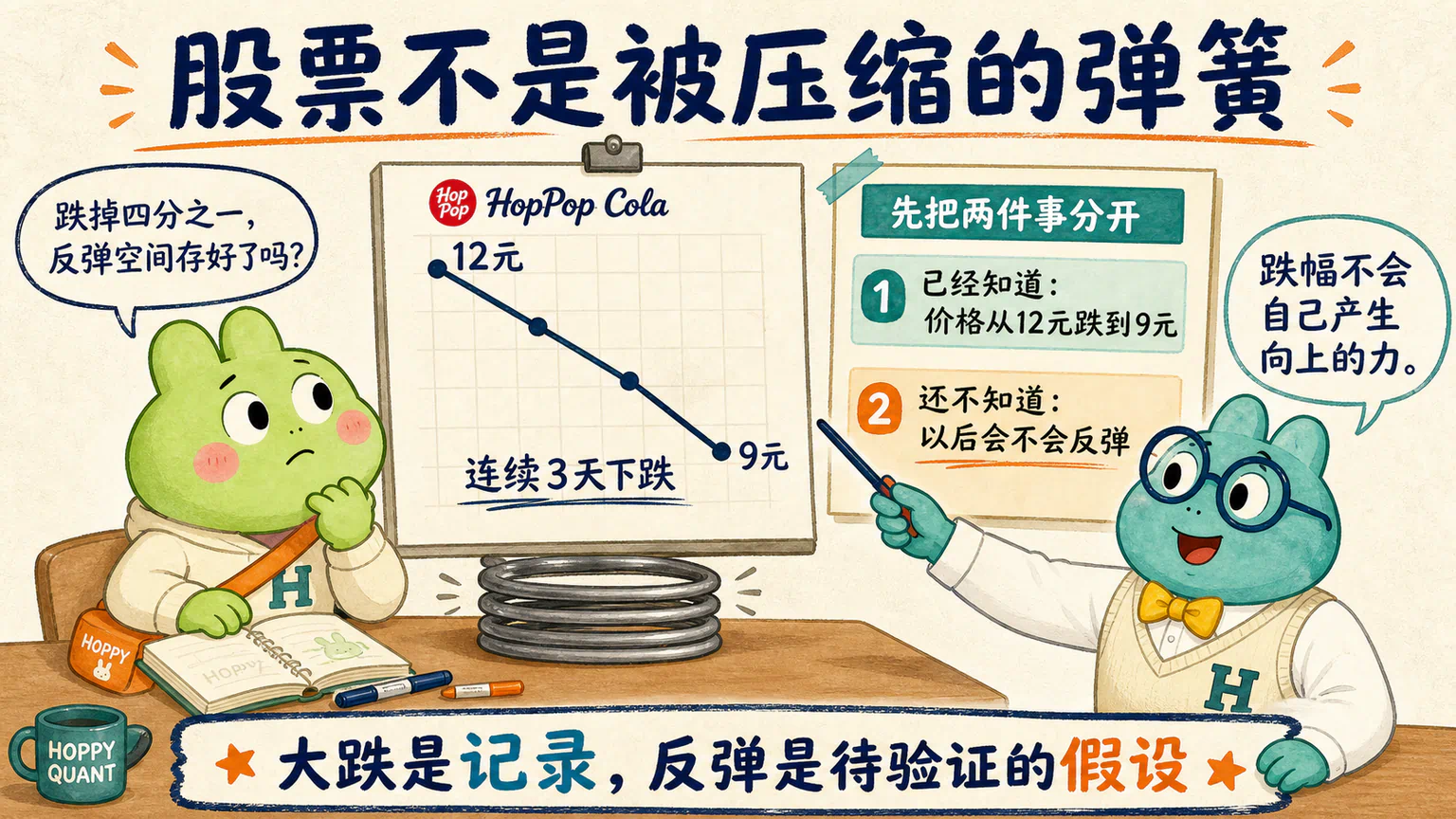 跳泡可乐的虚构价格三天从十二元跌到九元,蛙博士提醒蛙兄股票不是被压缩后必然弹起的弹簧。