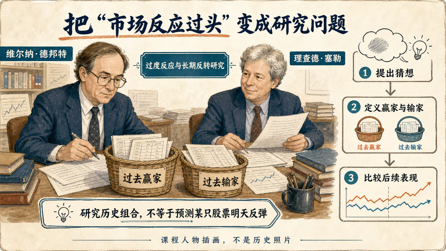 维尔纳·德邦特与理查德·塞勒的课程人物插画展示从提出猜想到定义历史赢家输家并比较后续表现的过程。