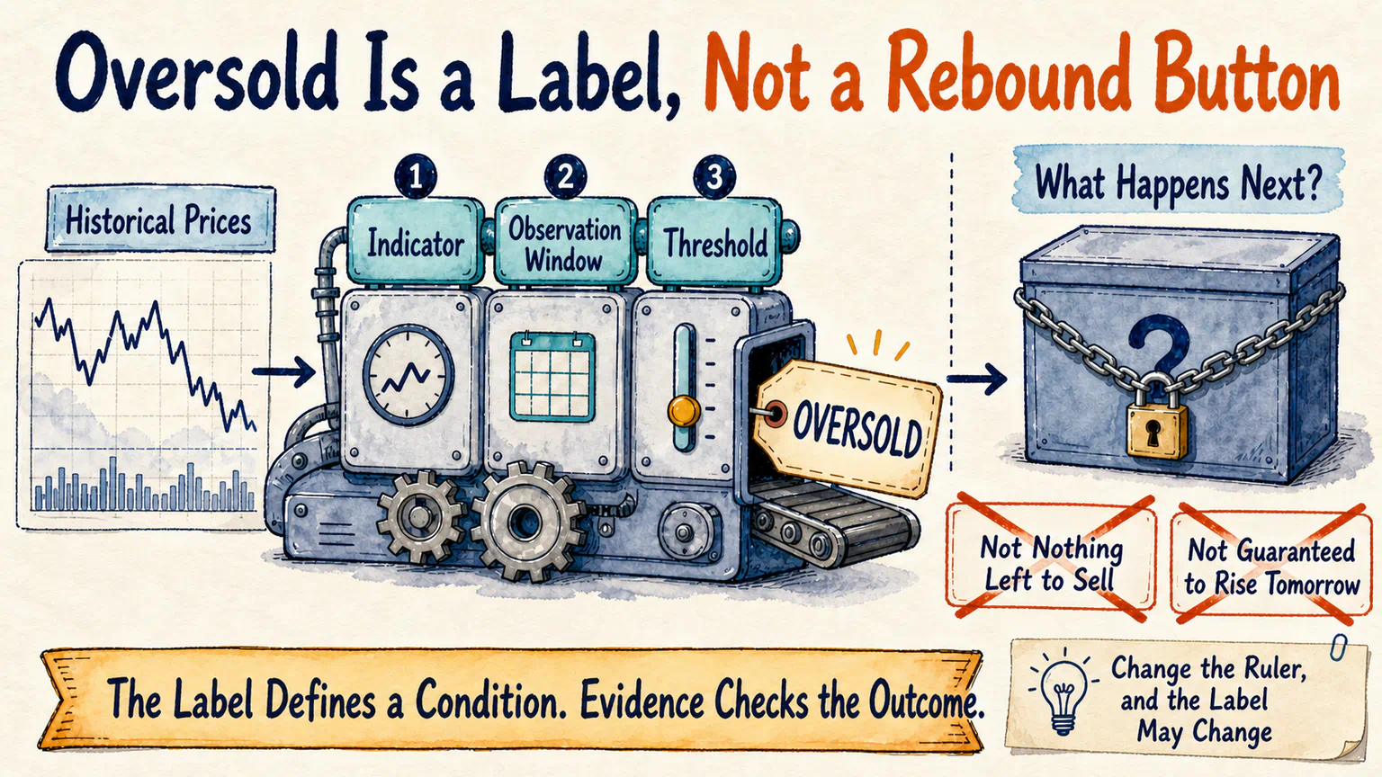 Historical prices pass through an indicator, observation window, and threshold to produce an oversold label, while the future remains locked behind a question mark.