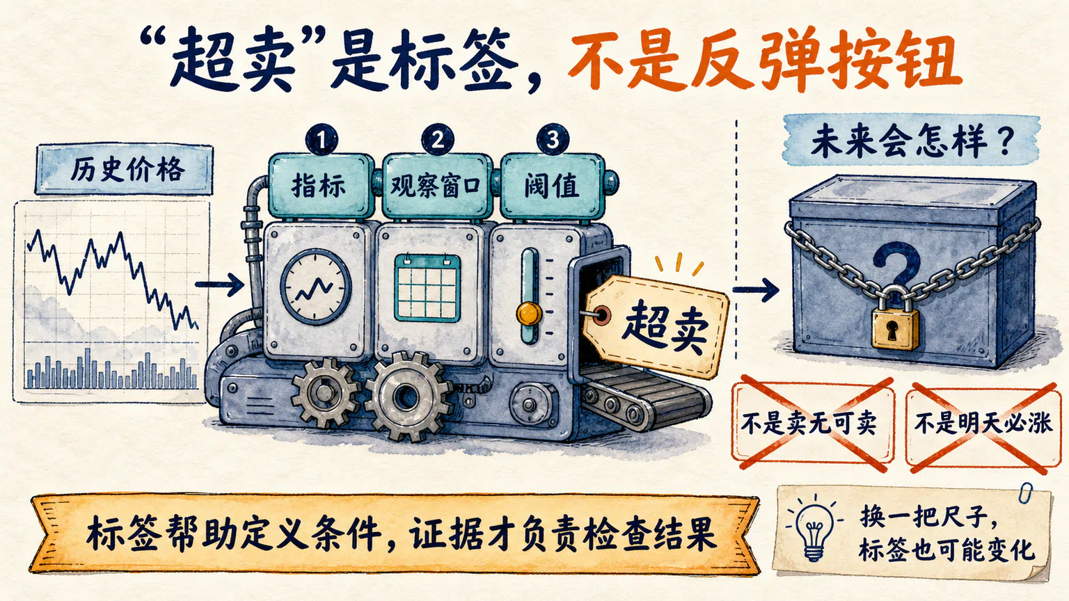 历史价格经过指标、观察窗口和阈值后得到超卖标签,但未来仍然被锁在带问号的箱子里。